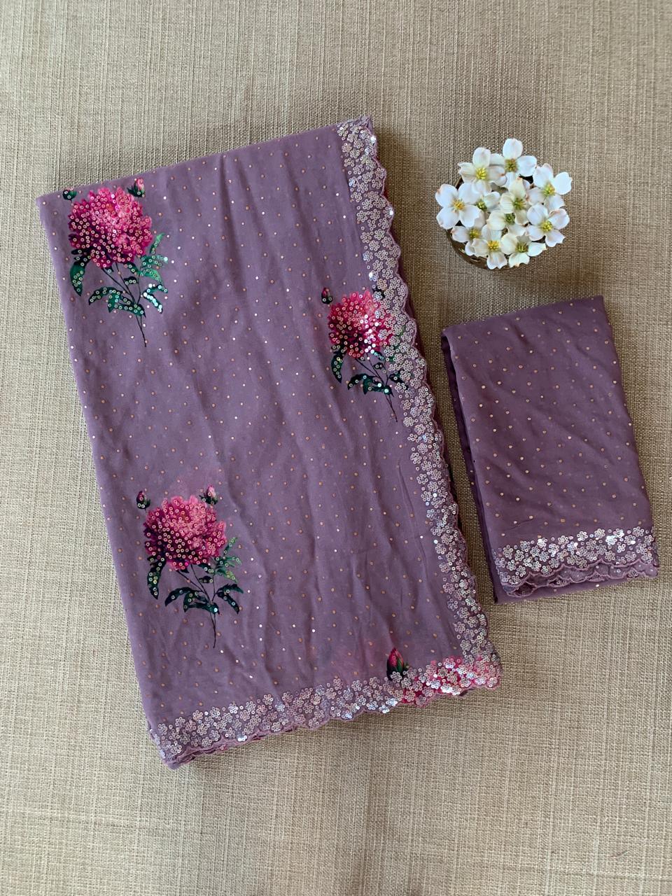 Dark Mauve Gorgette Printed Saree with sequnce border