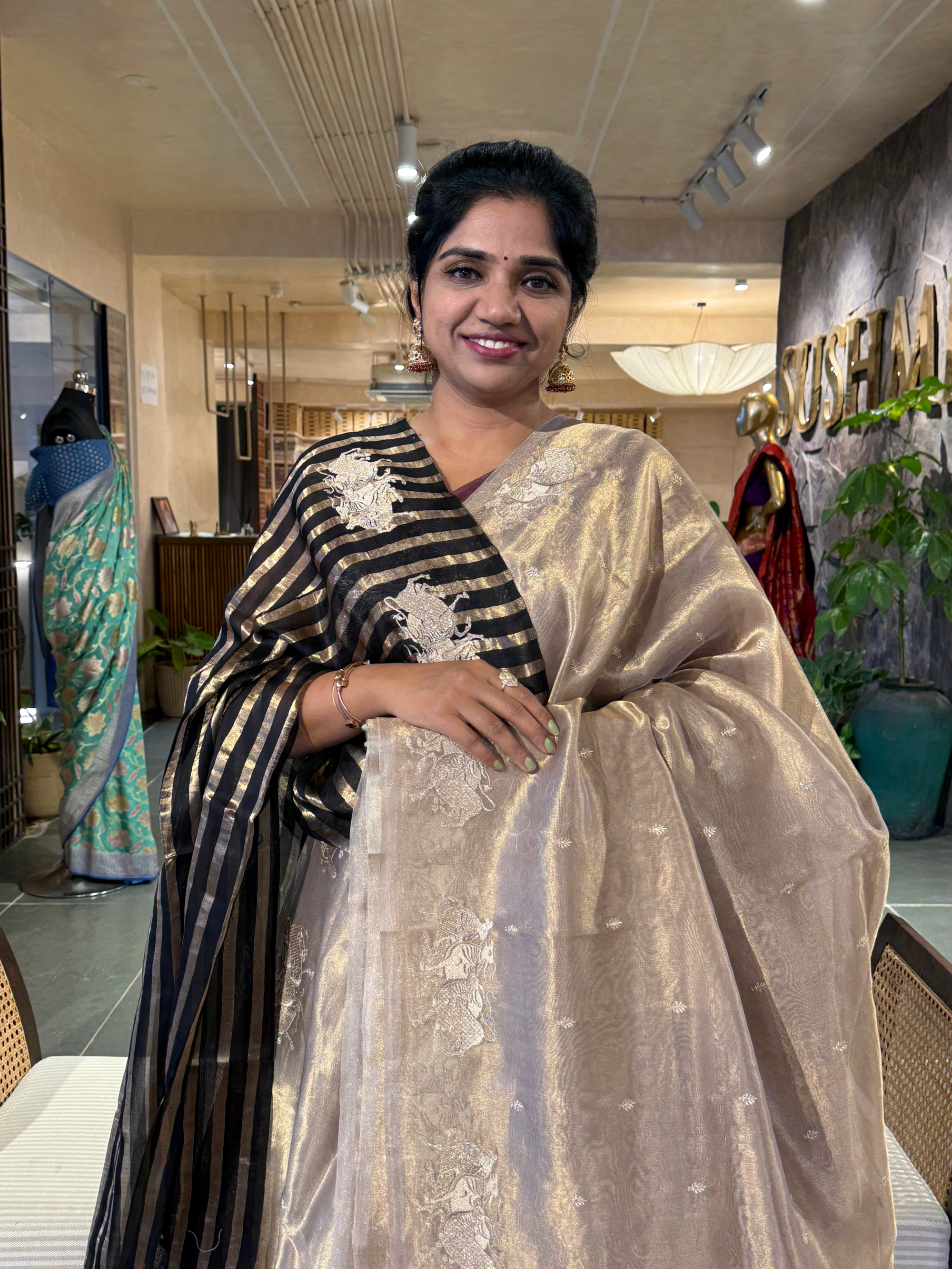 Beige Gold Tissue  Saree with  Nandi Embroidery & Stripes Tissue  Blouse