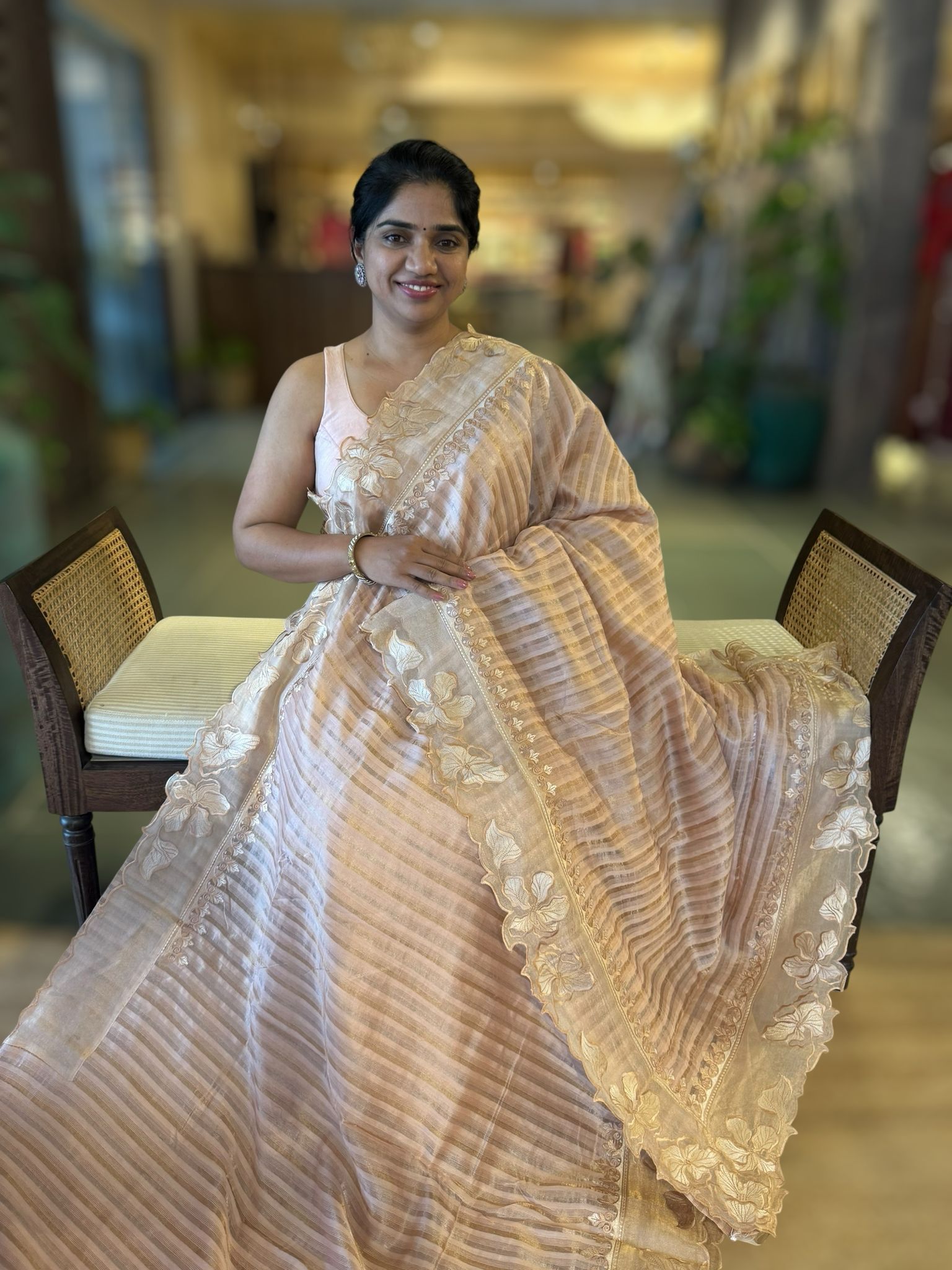 Nude pink Mul Tissue Stripes Saree With Tissue Cutwork  Border & Blouse
