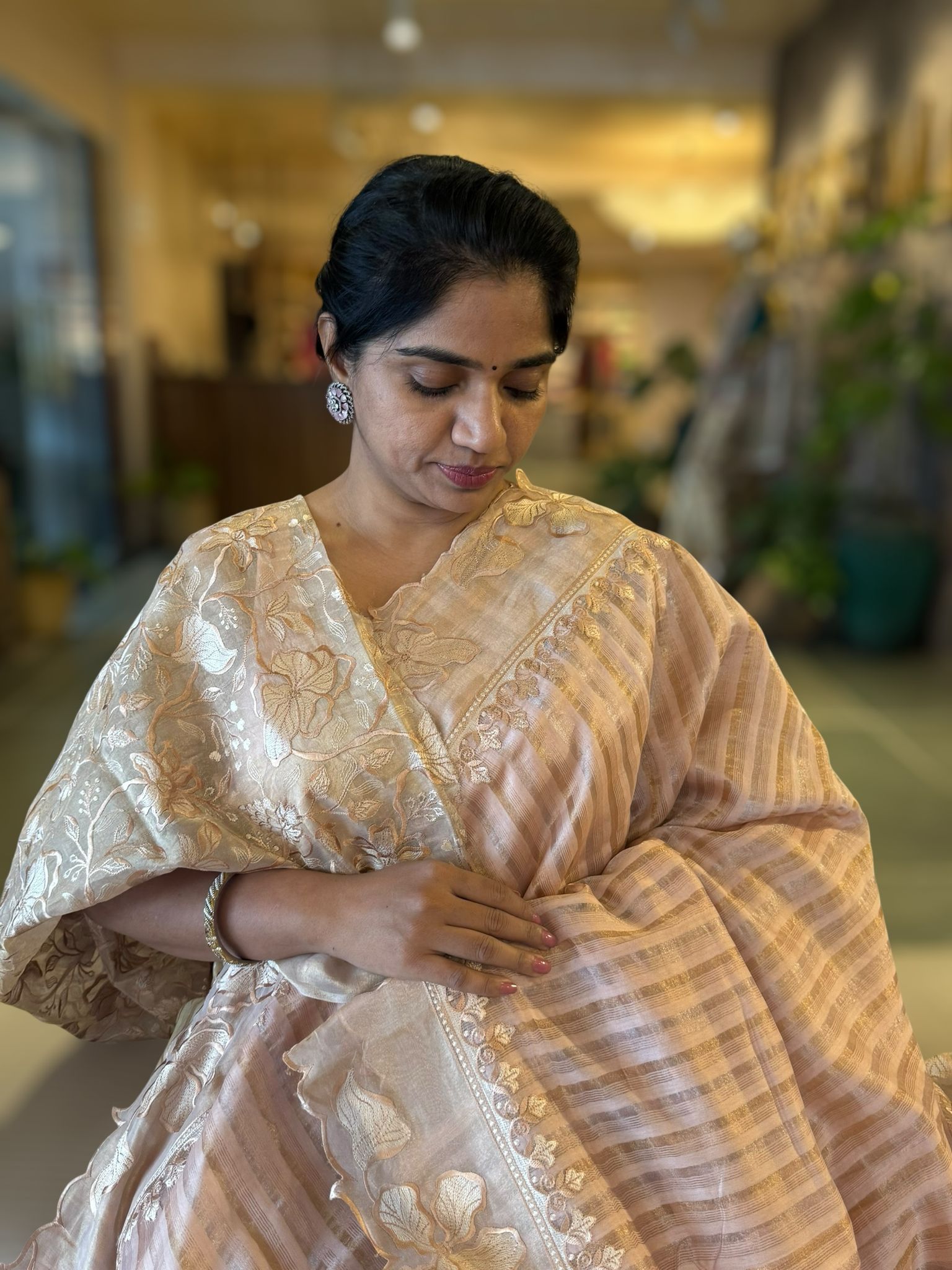 Nude pink Mul Tissue Stripes Saree With Tissue Cutwork  Border & Blouse