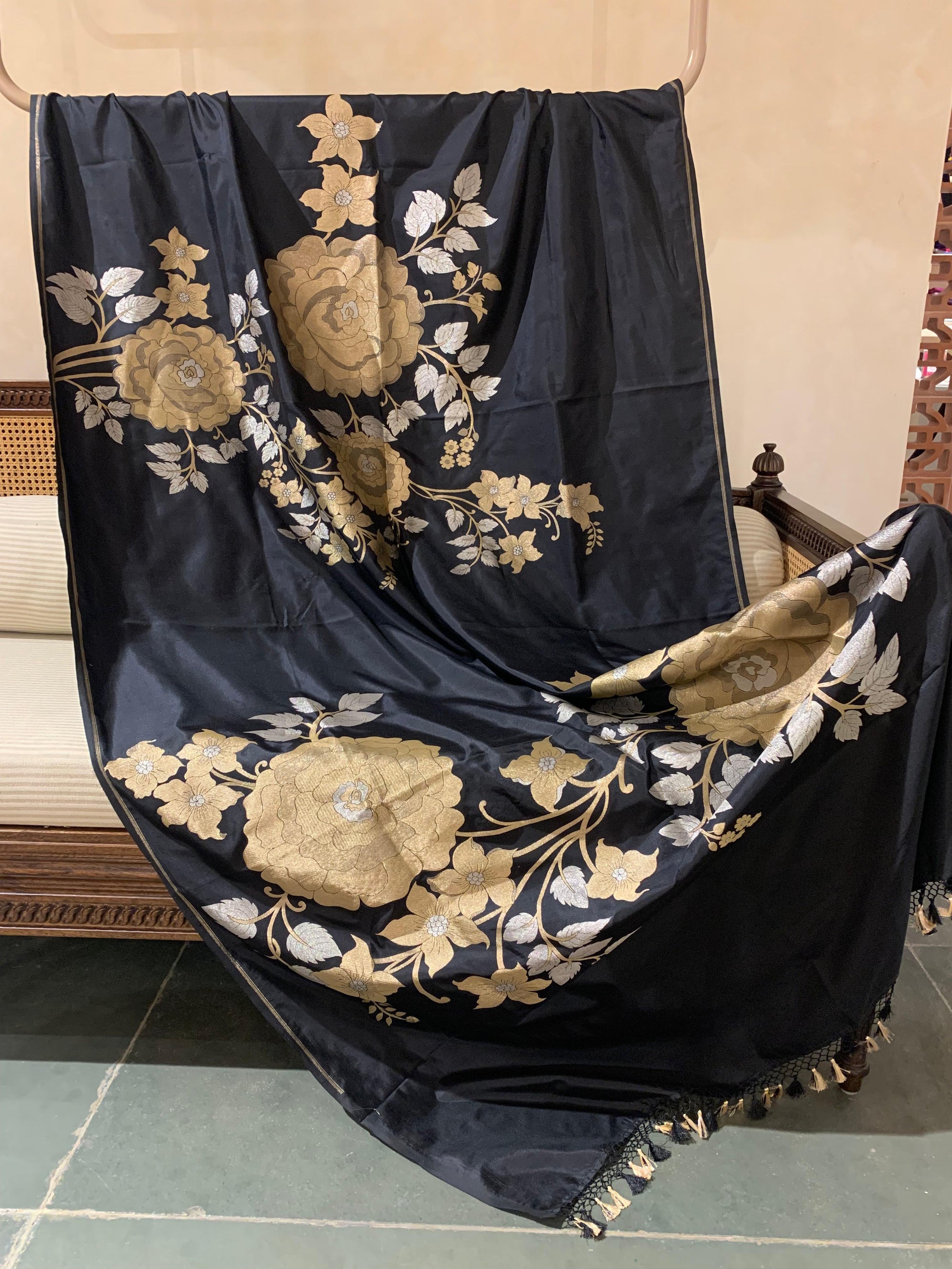 Black and Antique Gold Designer Banarasi Silk Saree