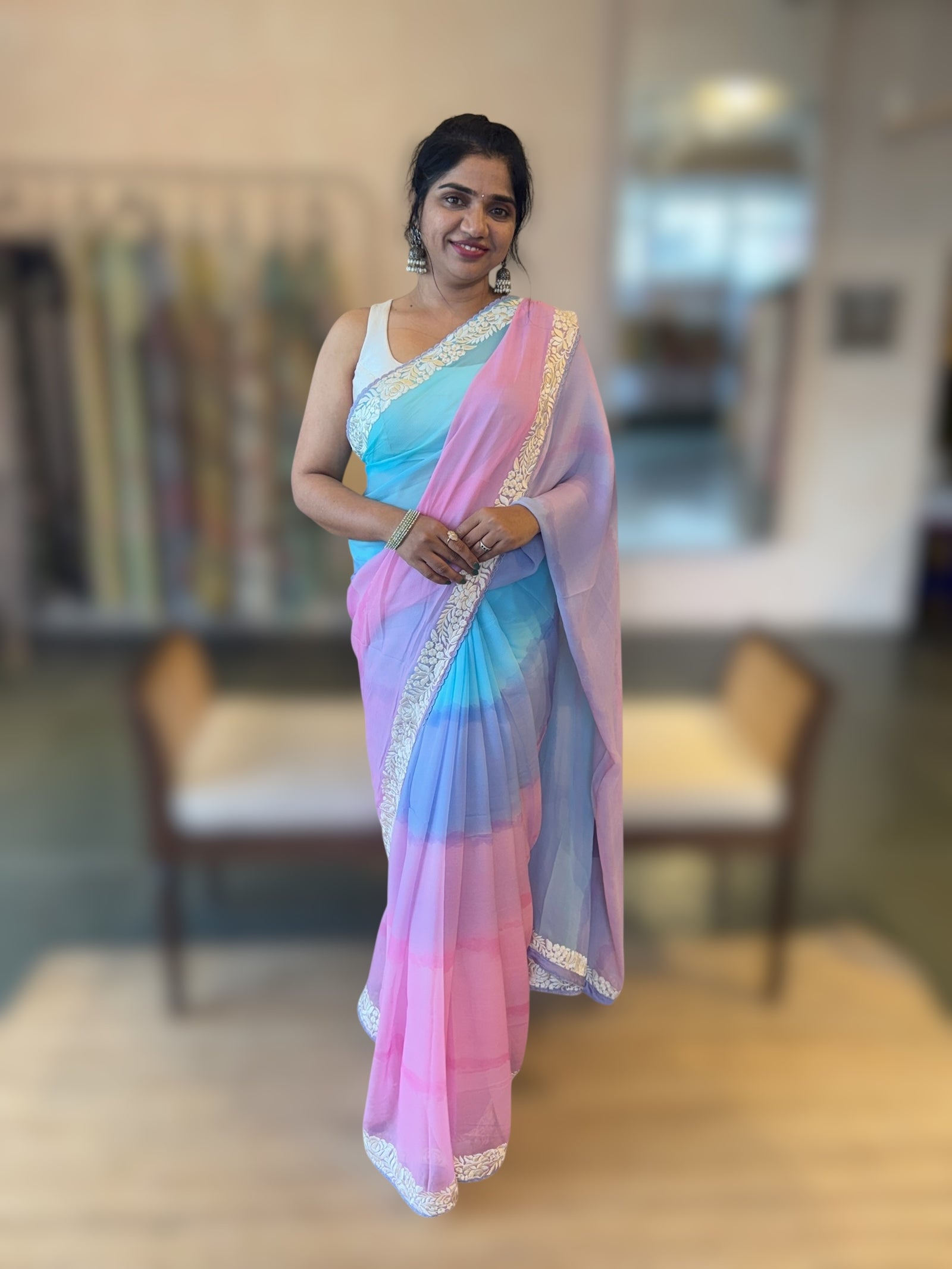 Pure Chiffon Saree with Ombre Brush dyeing & Parsi Gara Embroidered Border