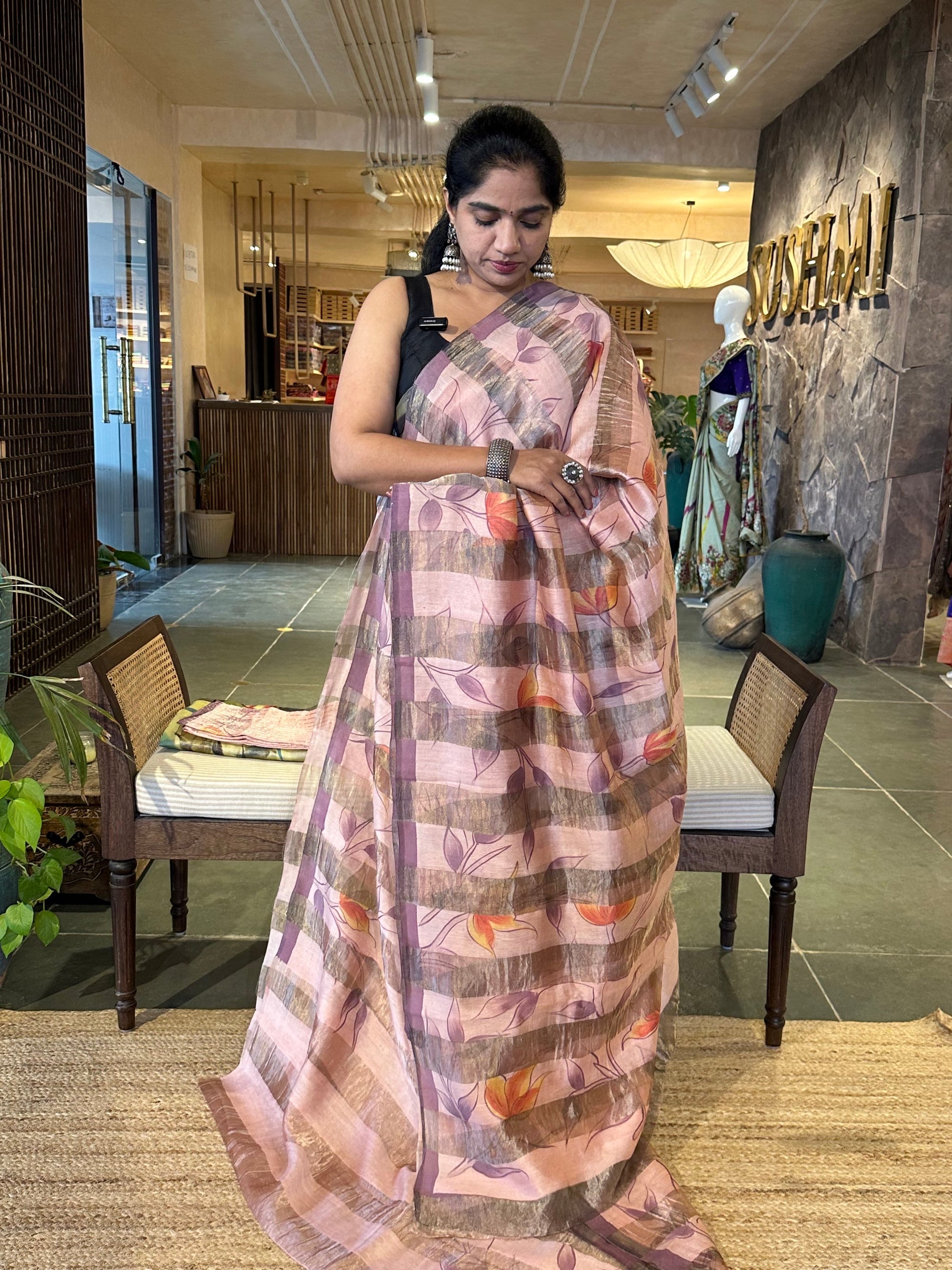 Pure Handloom Banarasi Munga Tissue  Saree with handpainting