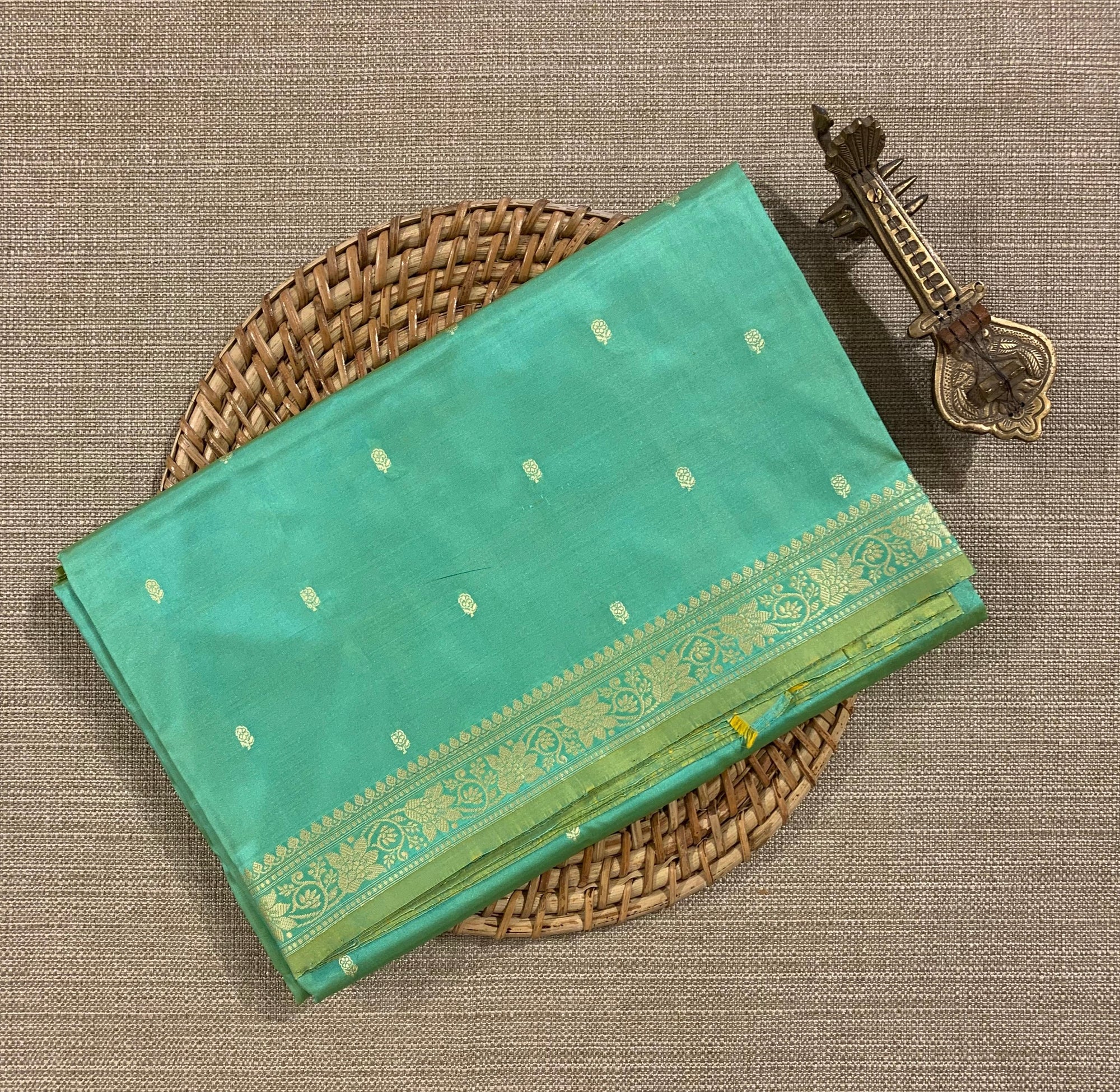 Sea Green & Yellow Dual tone Banarasi Handloom Katan Silk With Resham Weaving