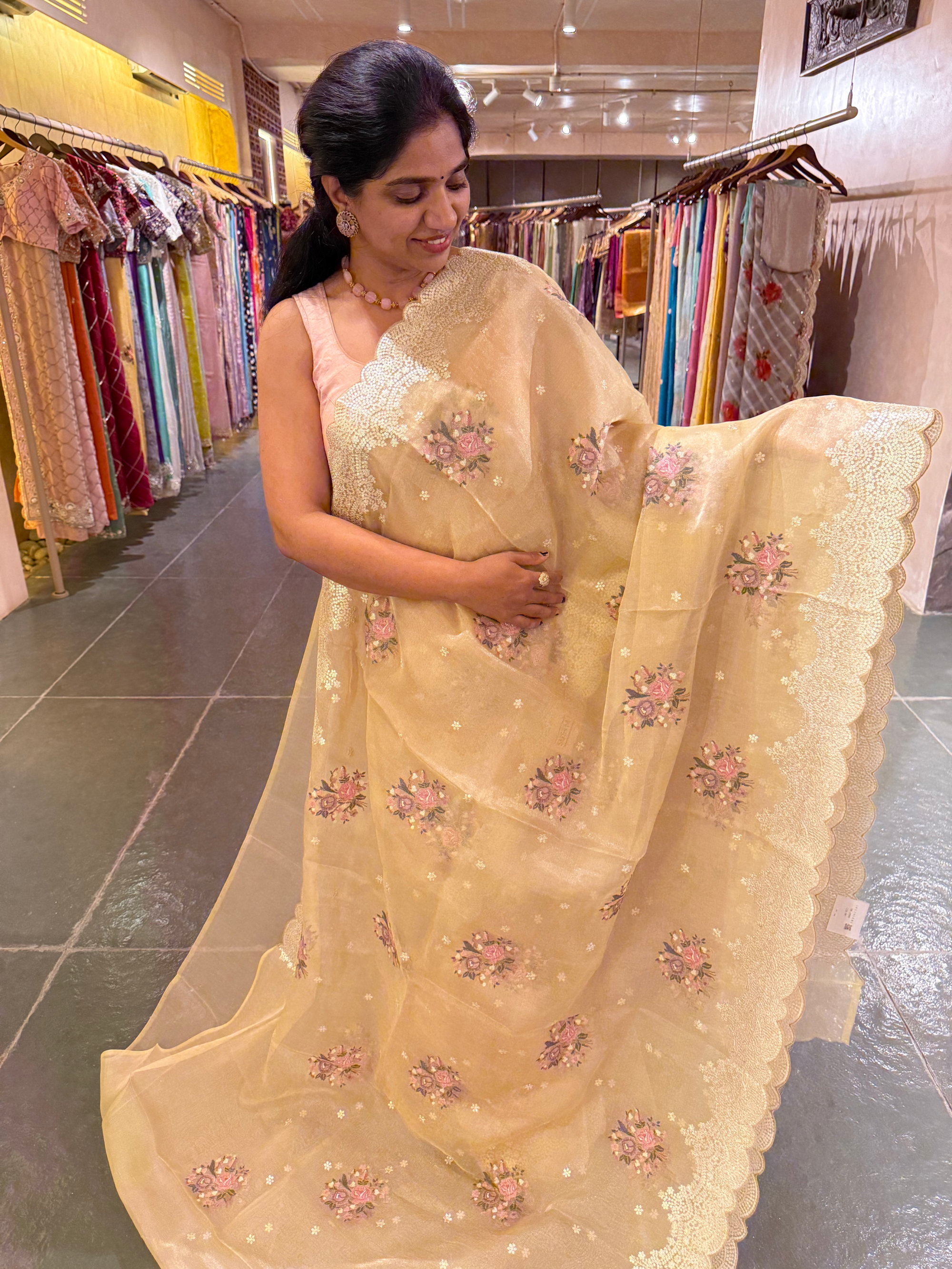 Yellow Tissue Saree With allover Petite Point Motifs & Pittai Sequnce Borders