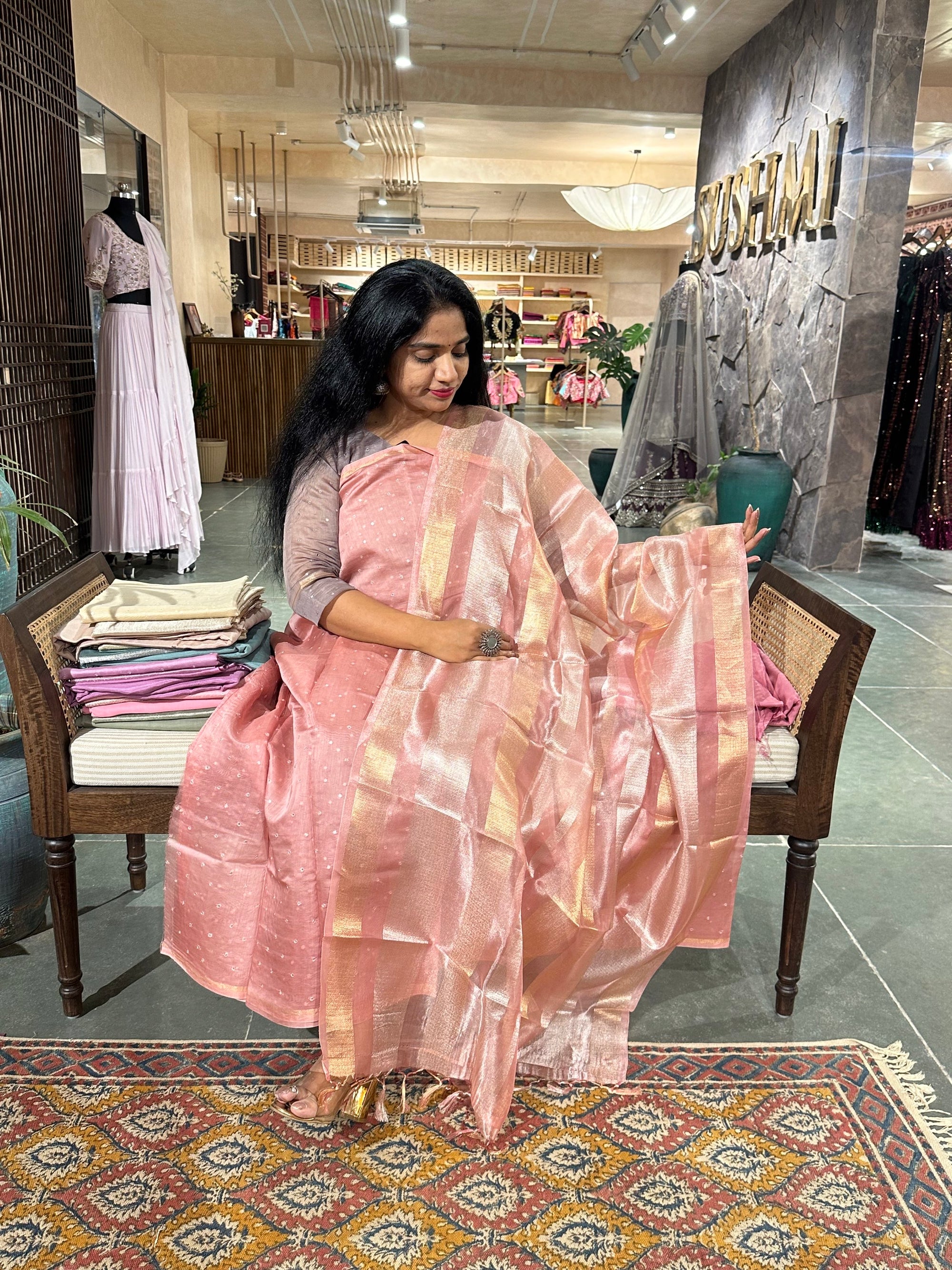 Peach Pink Pure Handloom Chanderi silk mirrorwork 3-pc suit set