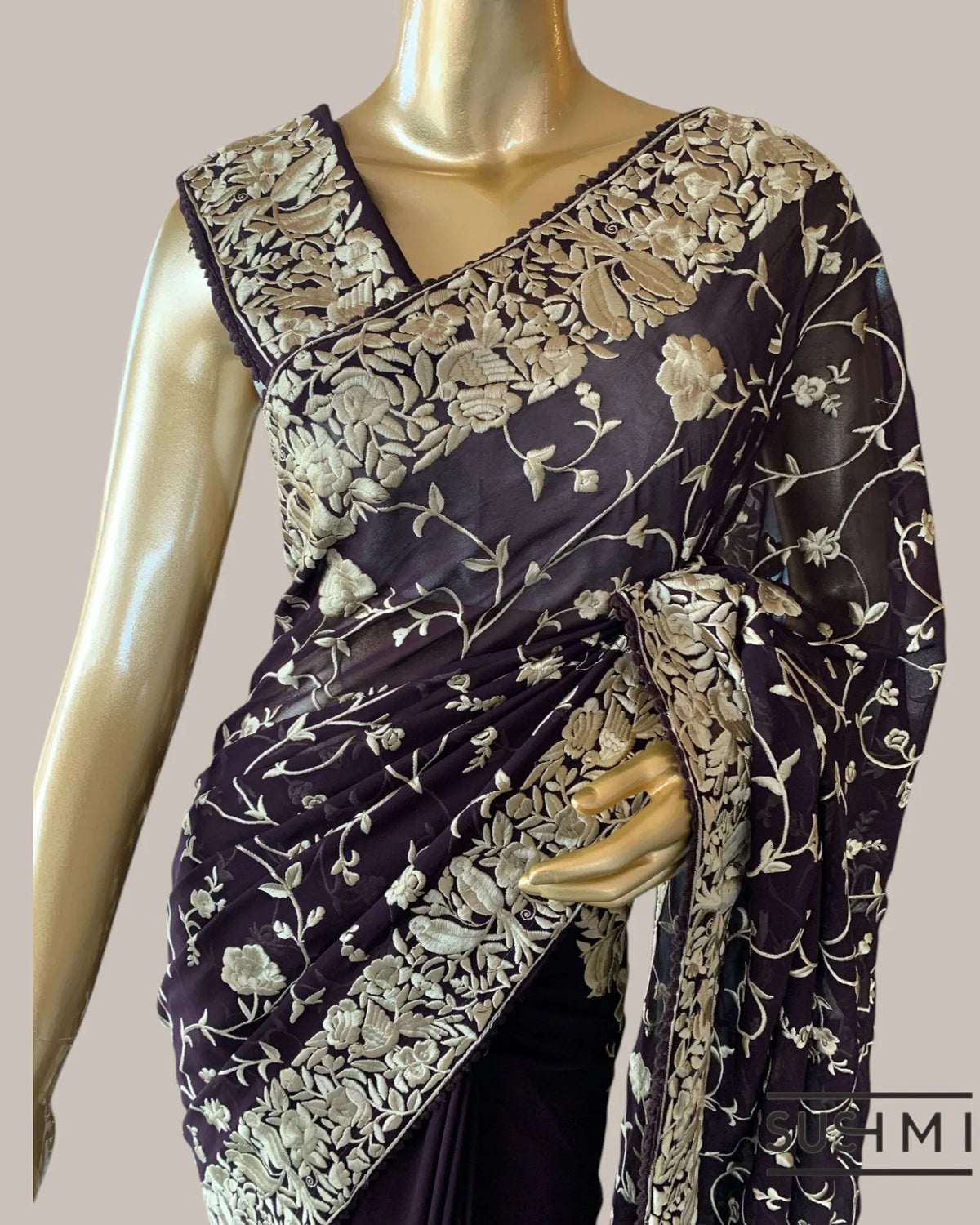 Coffee Brown Pure Gorgette Saree With Parsi Gara Style Allover Embroidery   Orig
