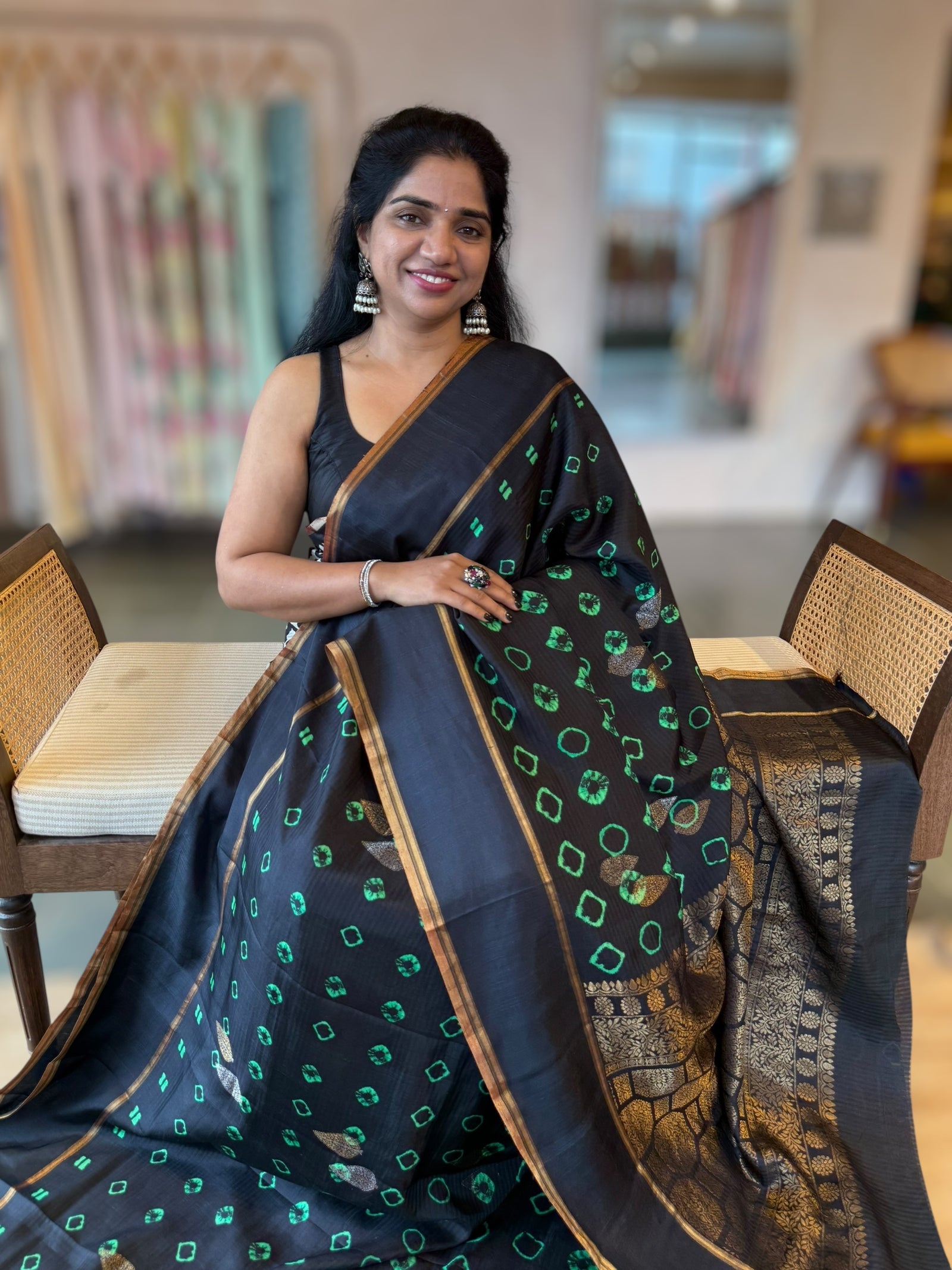 Black Kanchi Soft Silk Saree with Bandhini Print