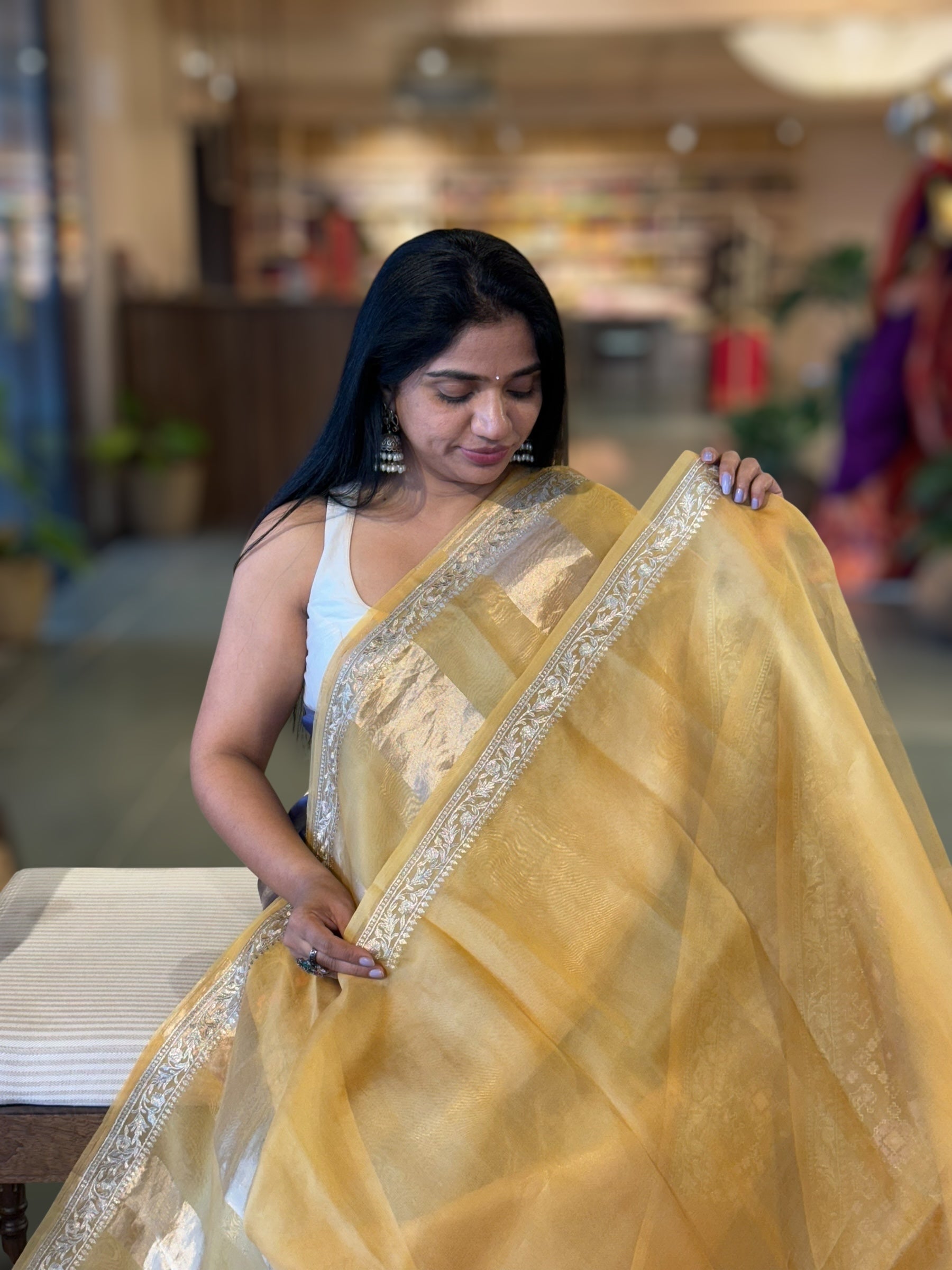 Mustard Kora Tissue Stripes Saree With Jamdani  & Pichwai embroidered Border