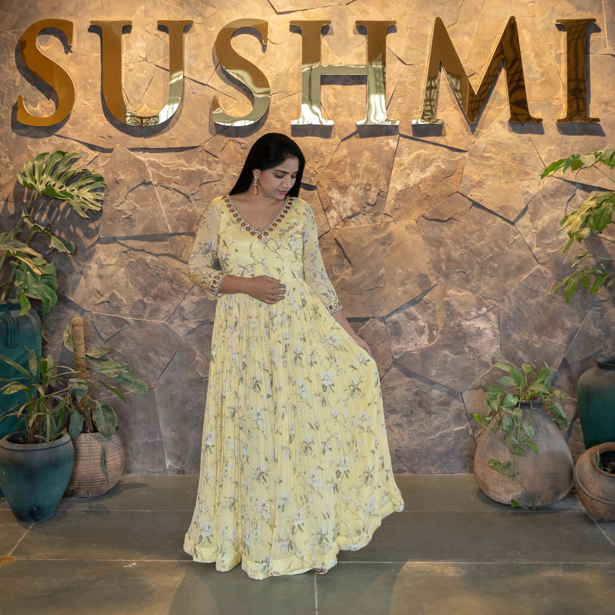 Pure Chinnon Printed Long Frock with handwork yoke