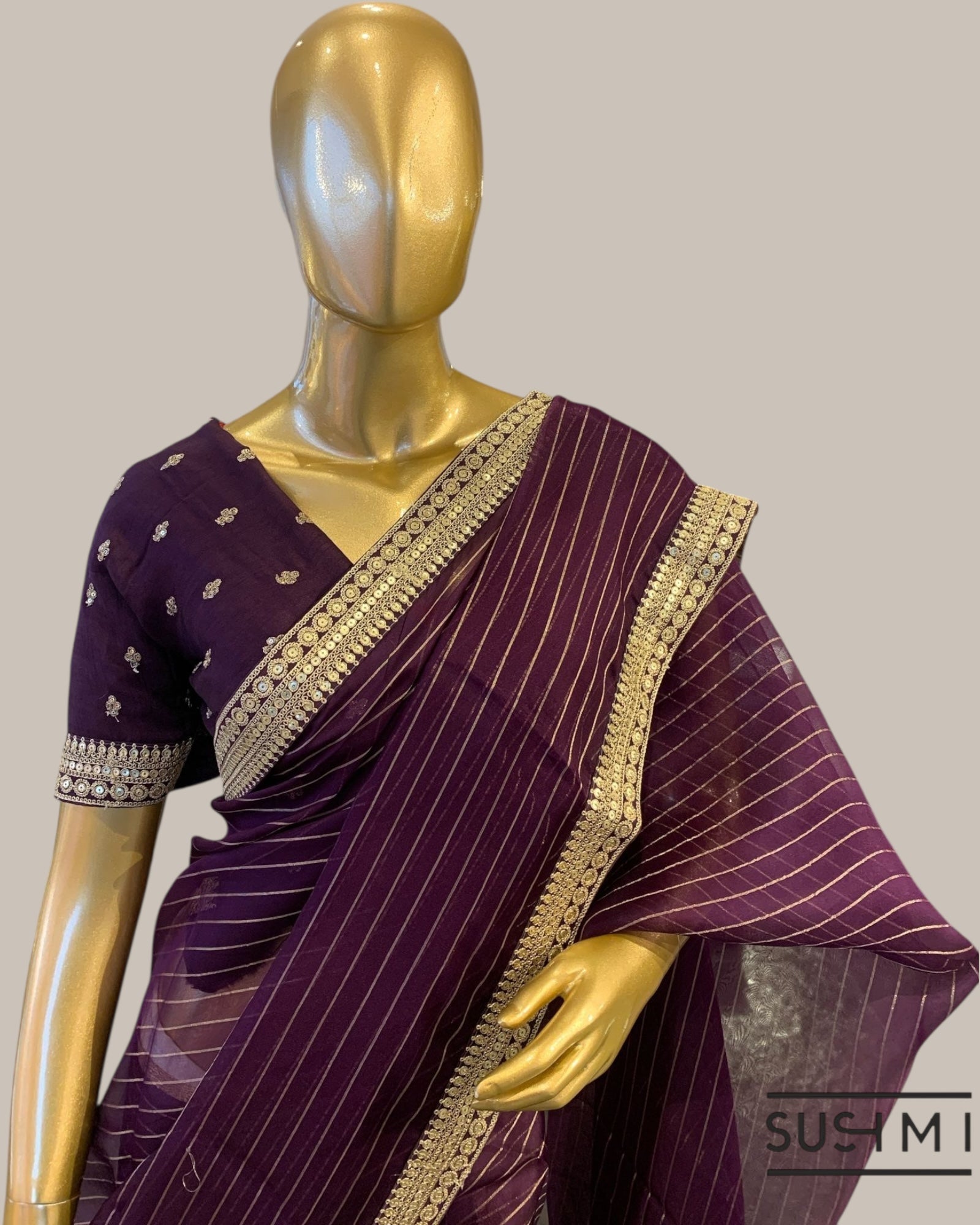 Wine Organza Saree with Zari stripes Hemlined with sabhyasachi border and blouse