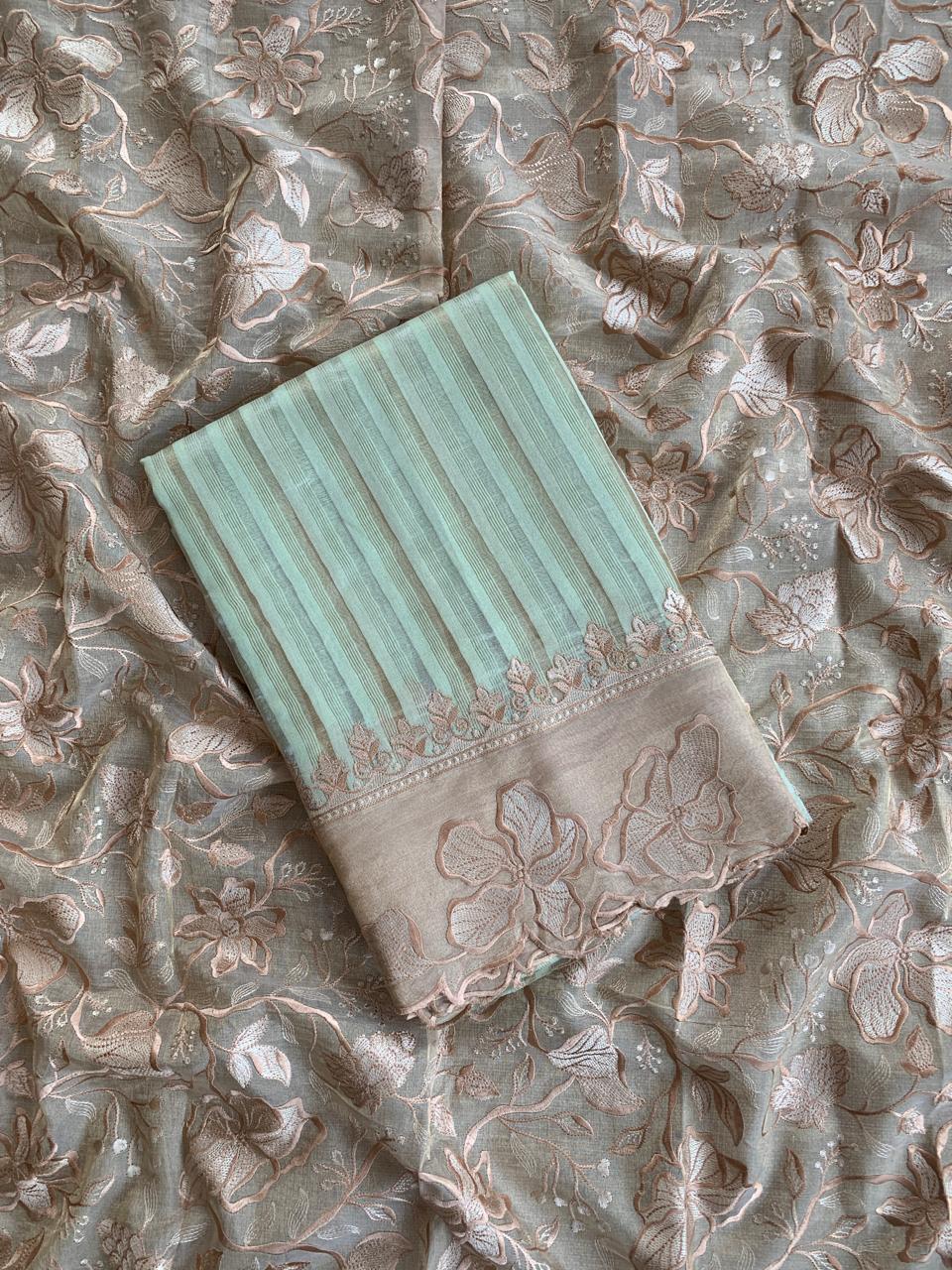 Mint Mul Tissue Stripes Saree With Tissue Cutwork  Border & Blouse