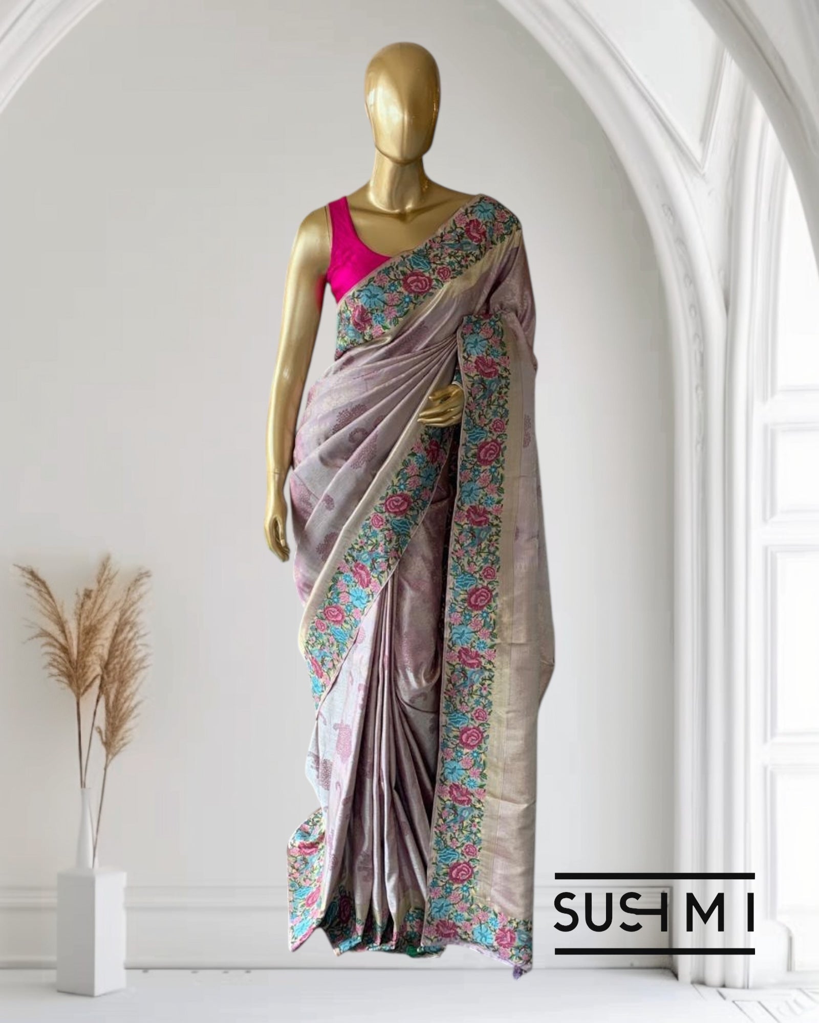 Lilac Pure  Kanchi Brocade Saree with Petite Point Embroidery