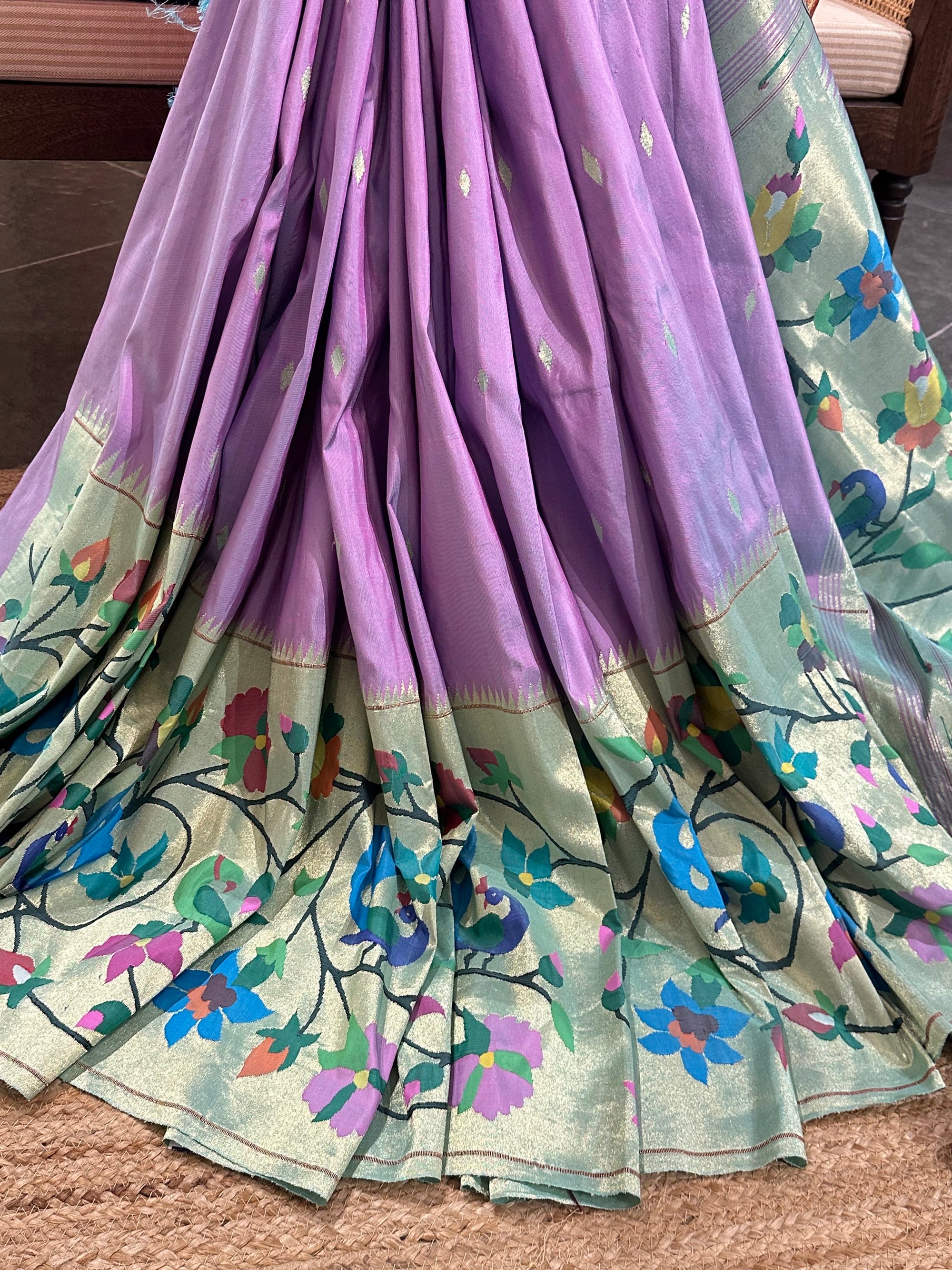 Lilac and Seablue Combo Half allover Pure Handloom Paithani Saree