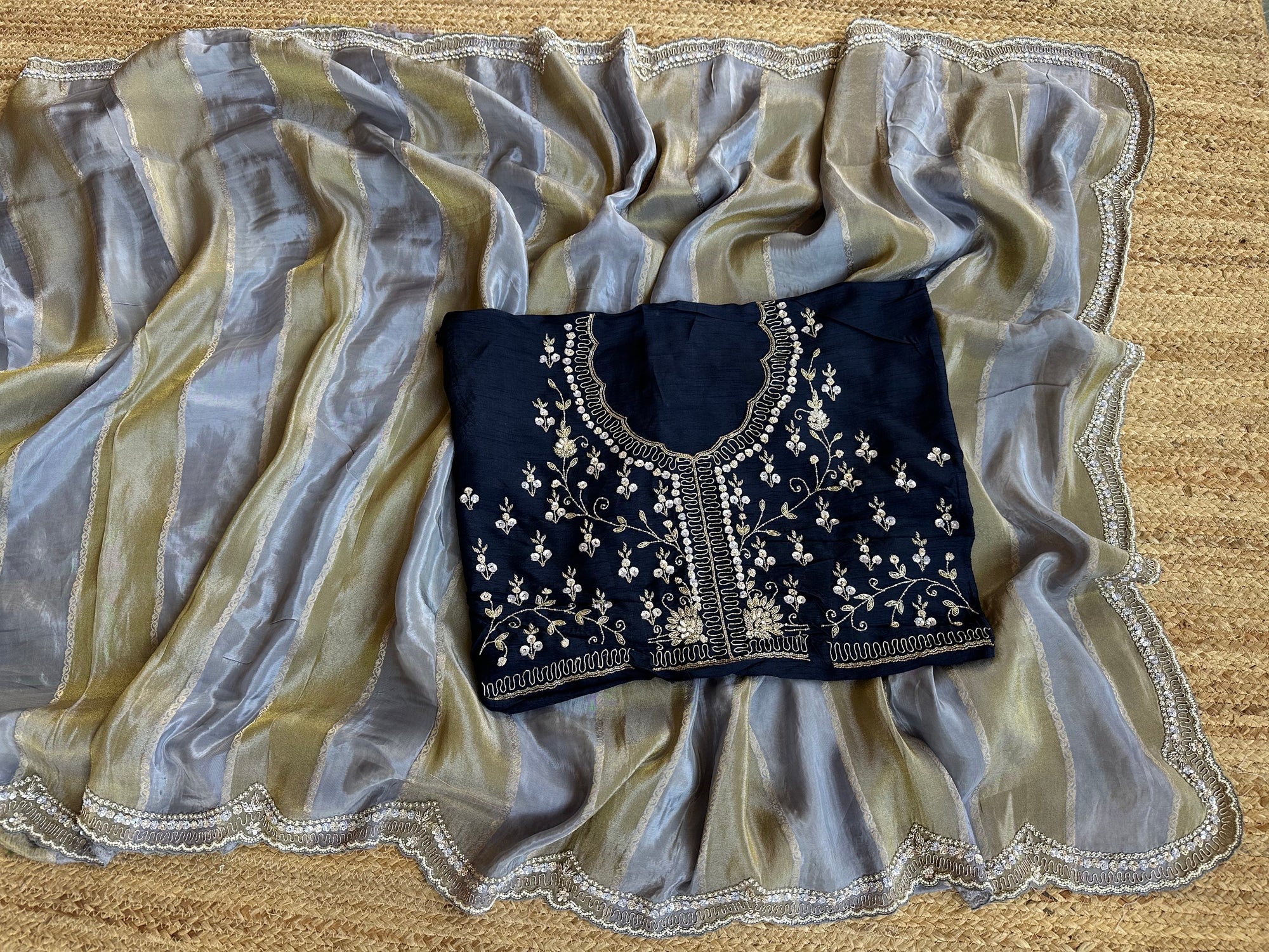 Slate Blue Tissue and kora brasso Saree with Scalloped handwork borders & blouse