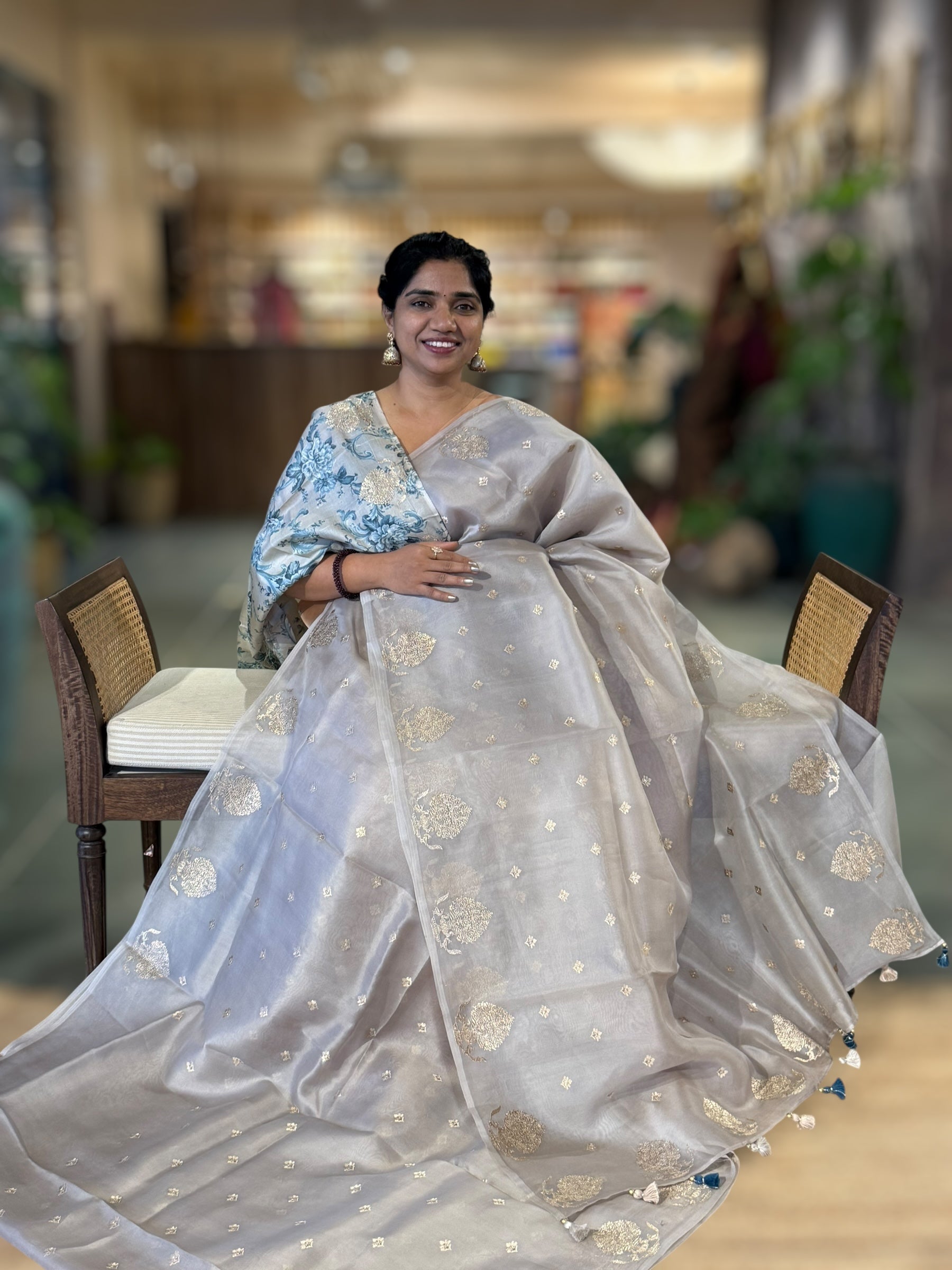 Silverish Grey  Organza Saree With Embroidered Motifs & Tussar Printed Blouse