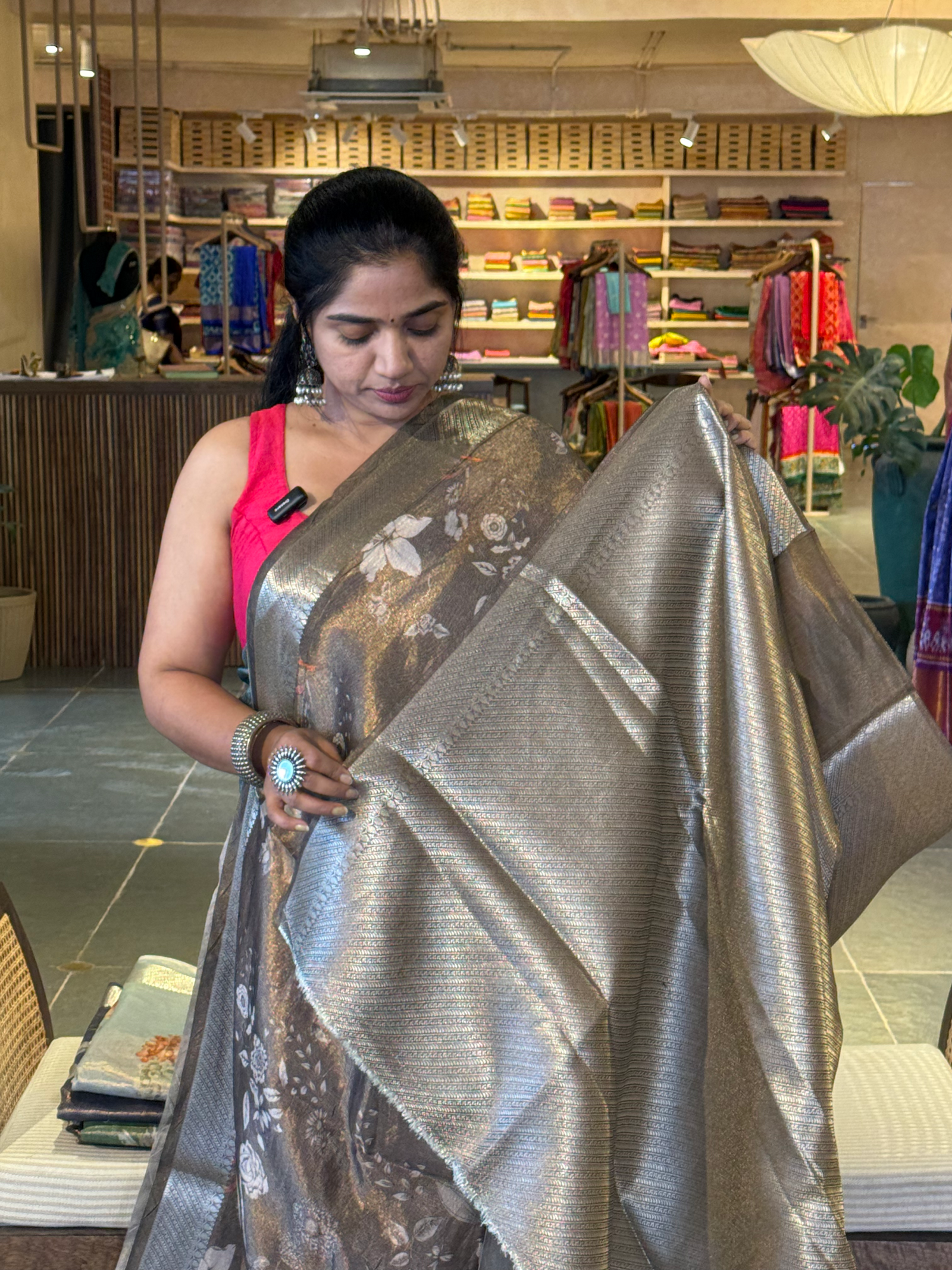 Brown Banarasi Floral Printed Cotton Saree with brocade pallu and blouse