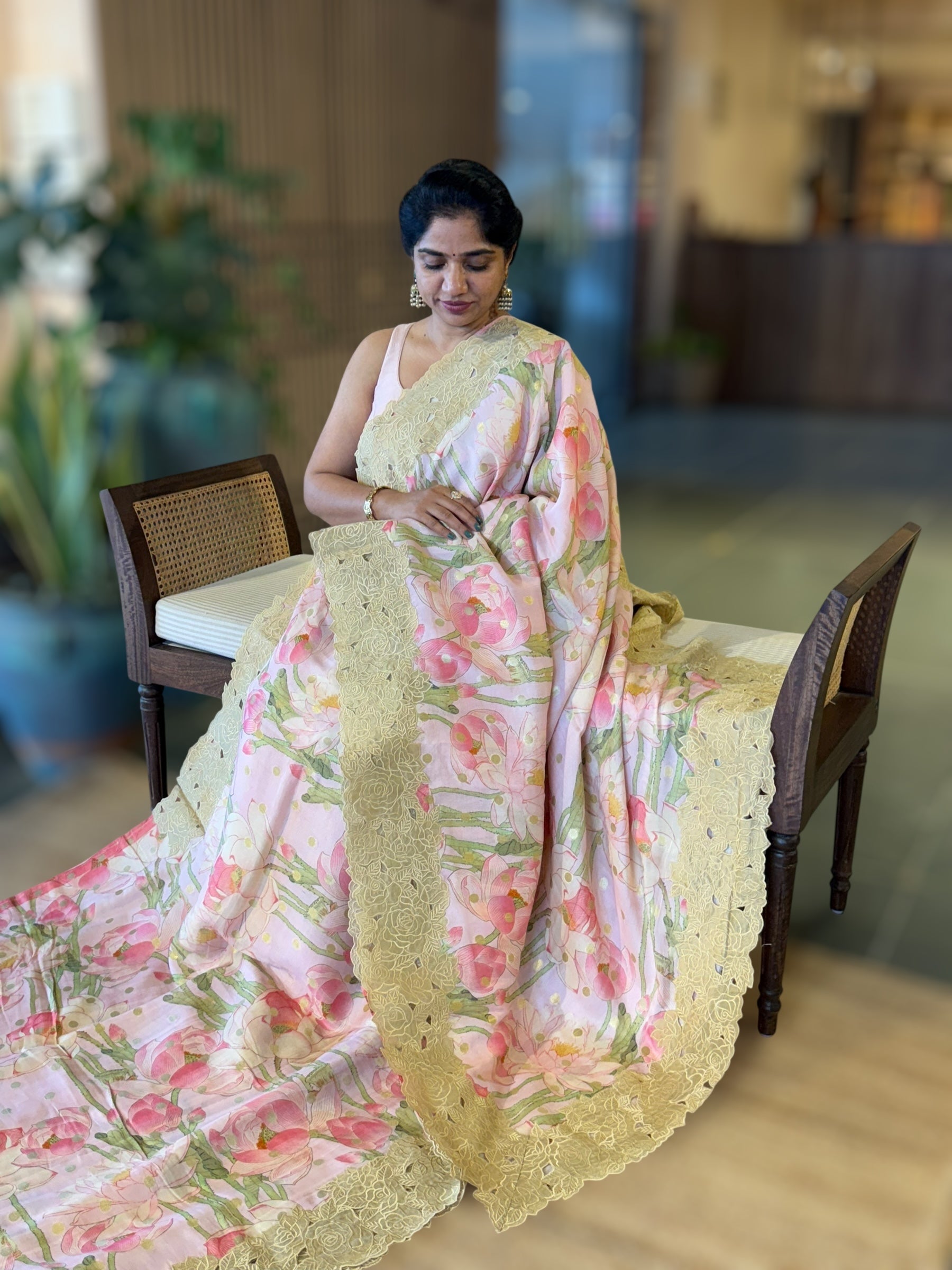 BabyPink Banarasi Printed Tussar Khaddi Gorgette With Tissue cutwork Rose Border
