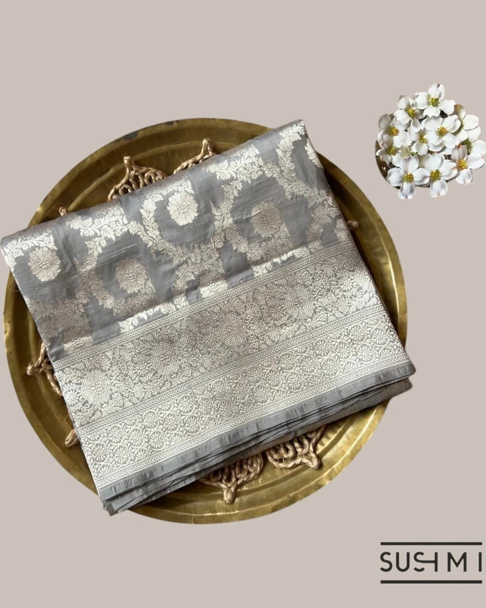 Silverish Grey Banarasi Katan Silk Saree with Allover Floral Jaal Weaving Blouse