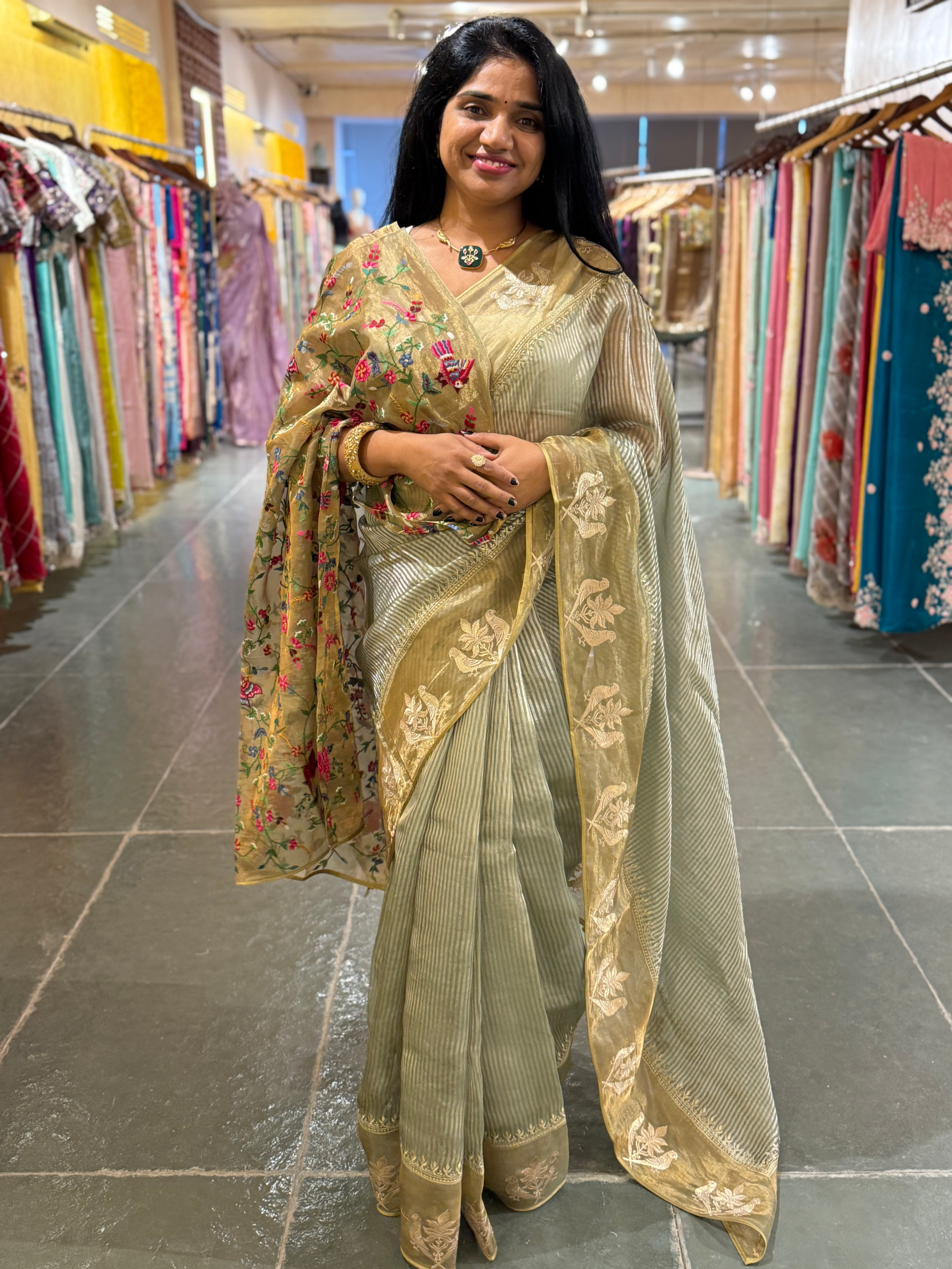 Sage Green Kora Tissue Silver Zari stripes saree wth tissue Embroidered Border