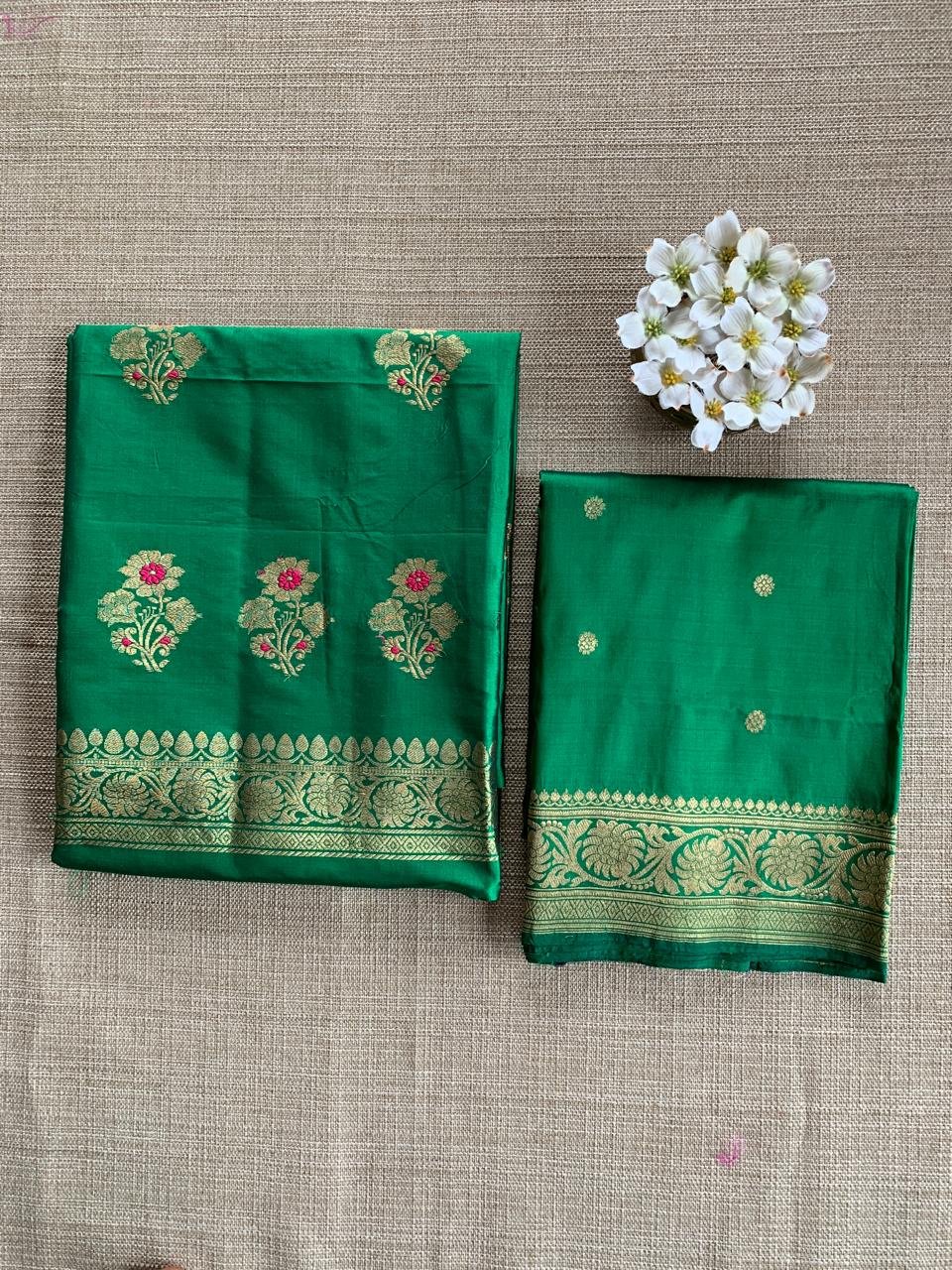 Emerald Green Katan Silk  3 pc Suit Set with meenakari kaduwa weaving