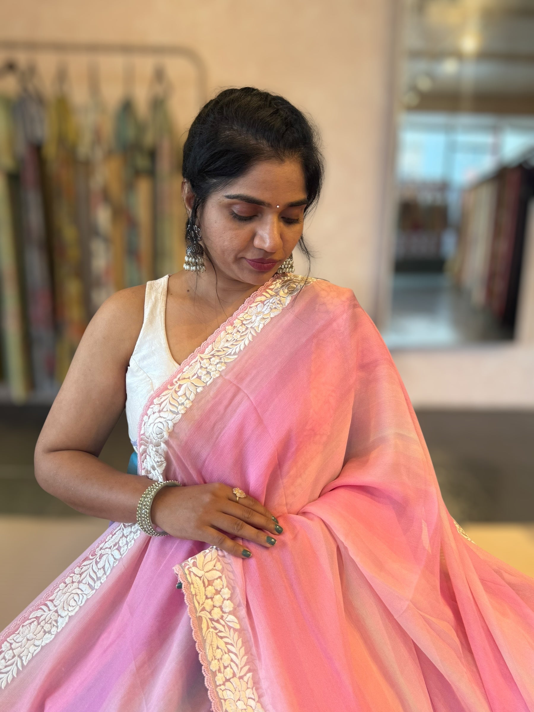 Pure Chiffon Saree with Ombre Brush dyeing & Parsi Gara Embroidered Border