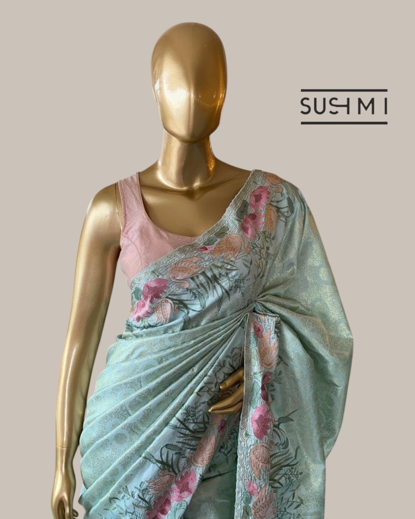 Mint Kanjeevaram Brocade Saree Beautiful Pond Theme Embroidered Border.