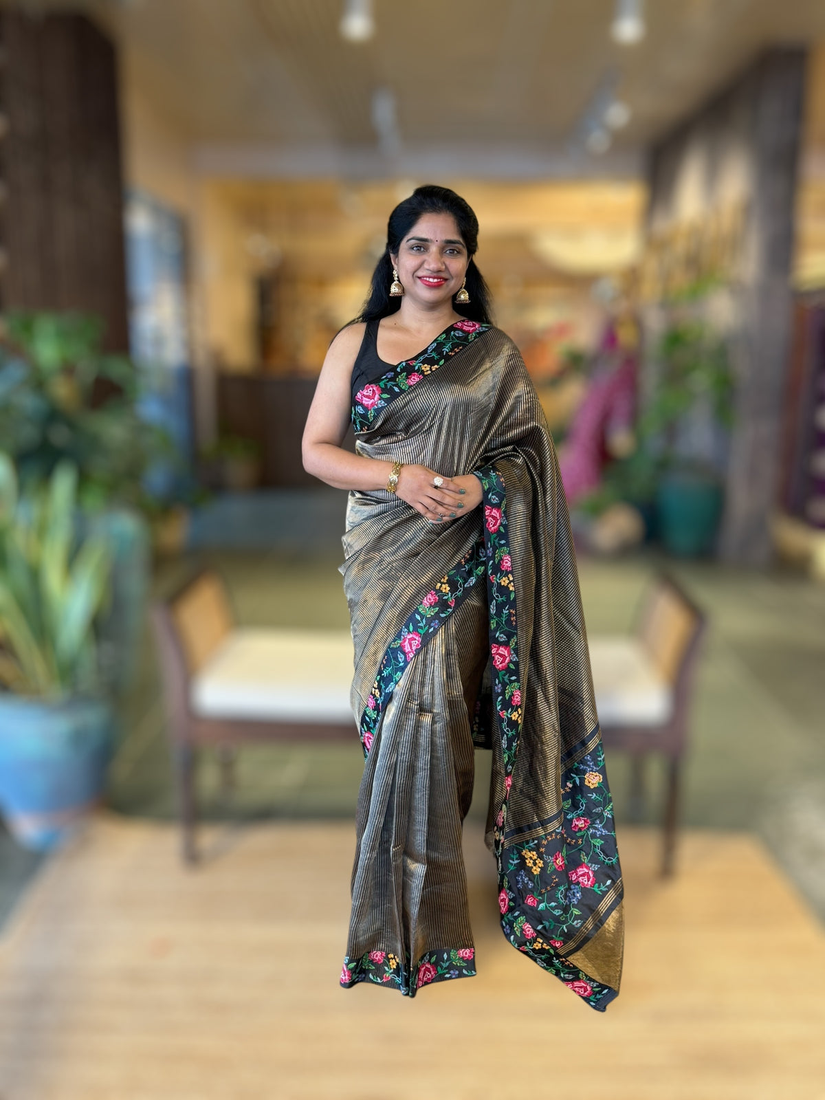 Black Tissue Stripes Saree wth Petite Point Embroidered Border Pallu &amp; BP