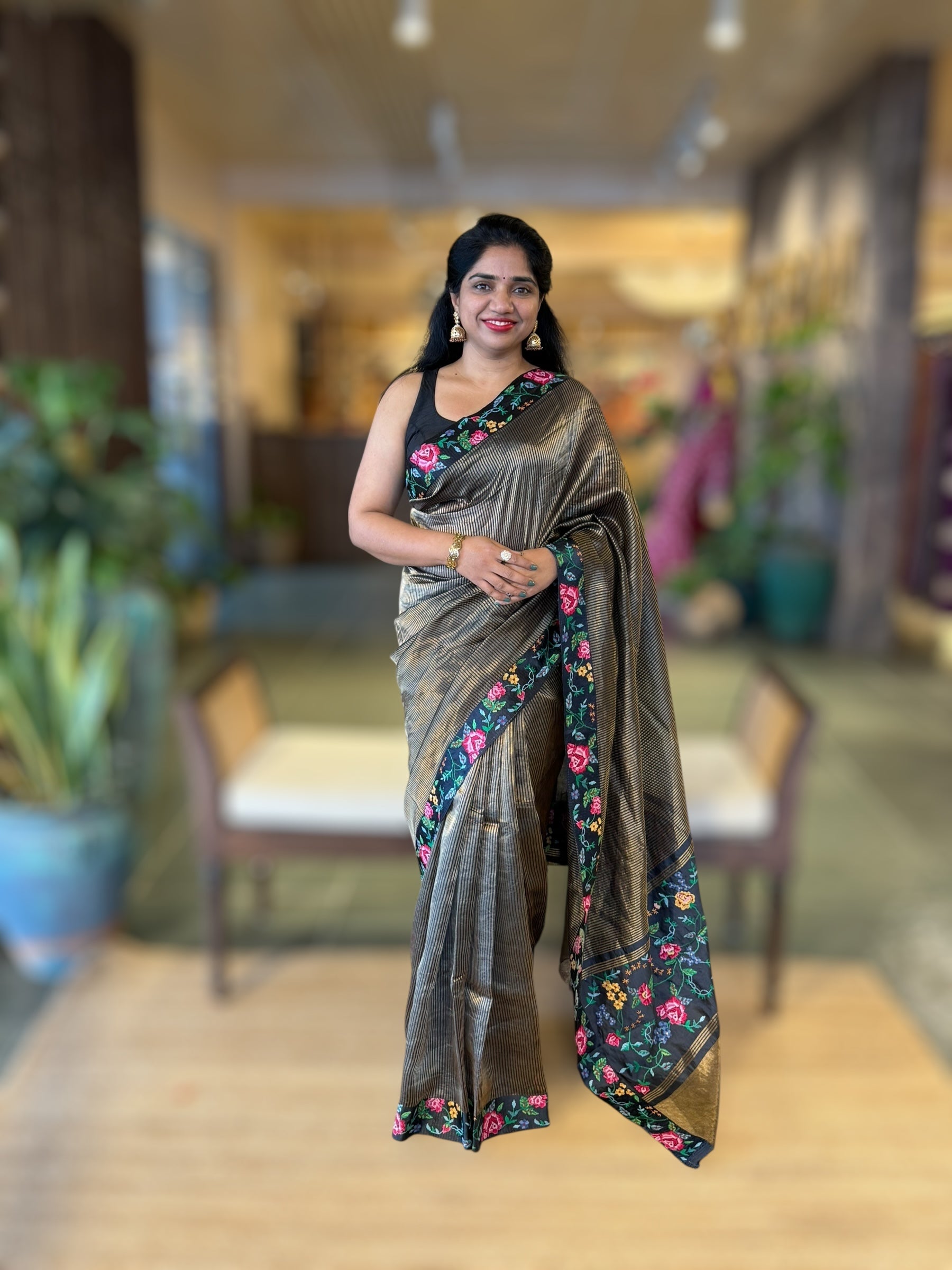 Black Tissue Stripes Saree wth Petite Point Embroidered Border Pallu & BP