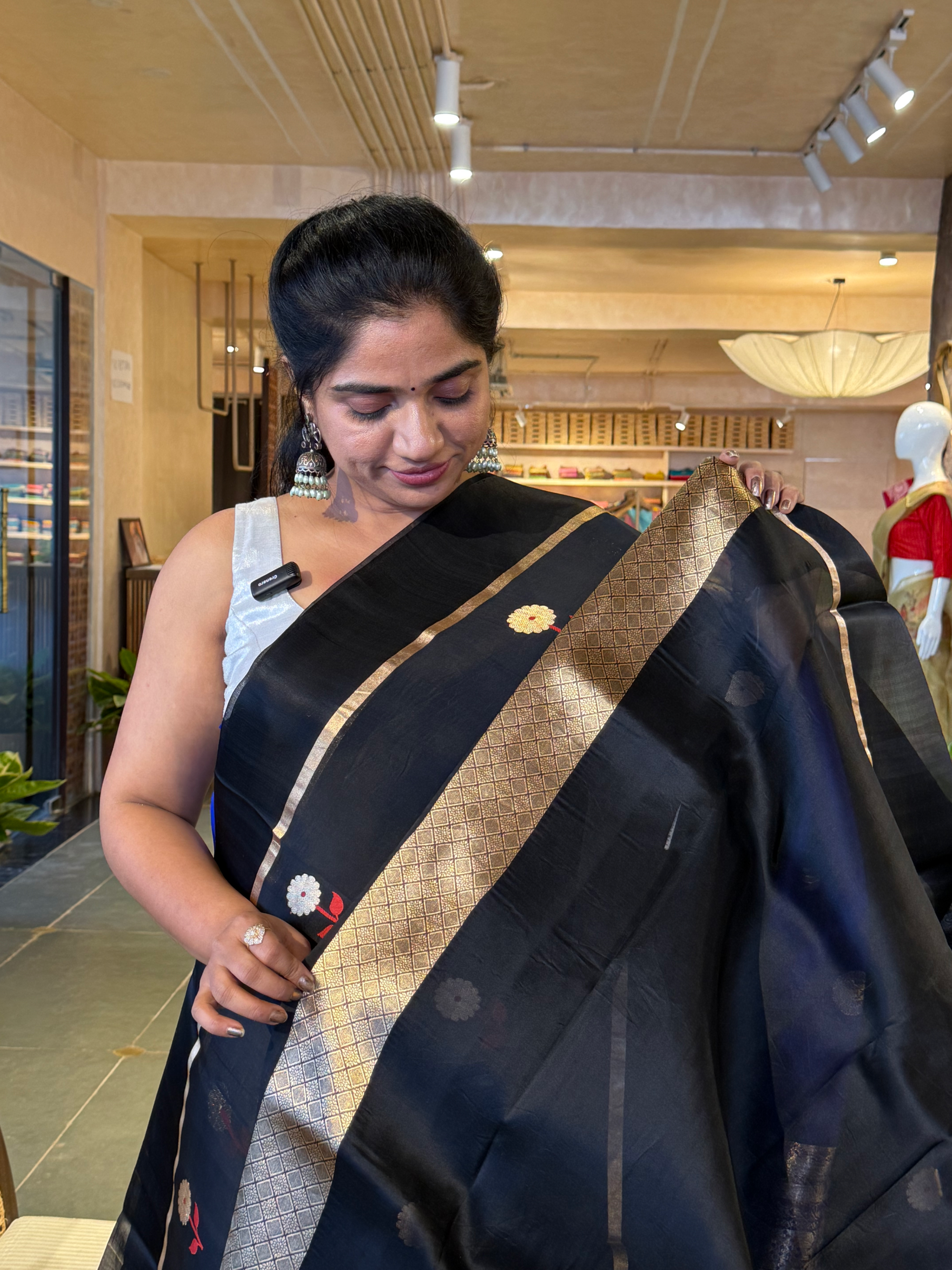 Black kora banarasi saree with meenakari sona roopa motifs