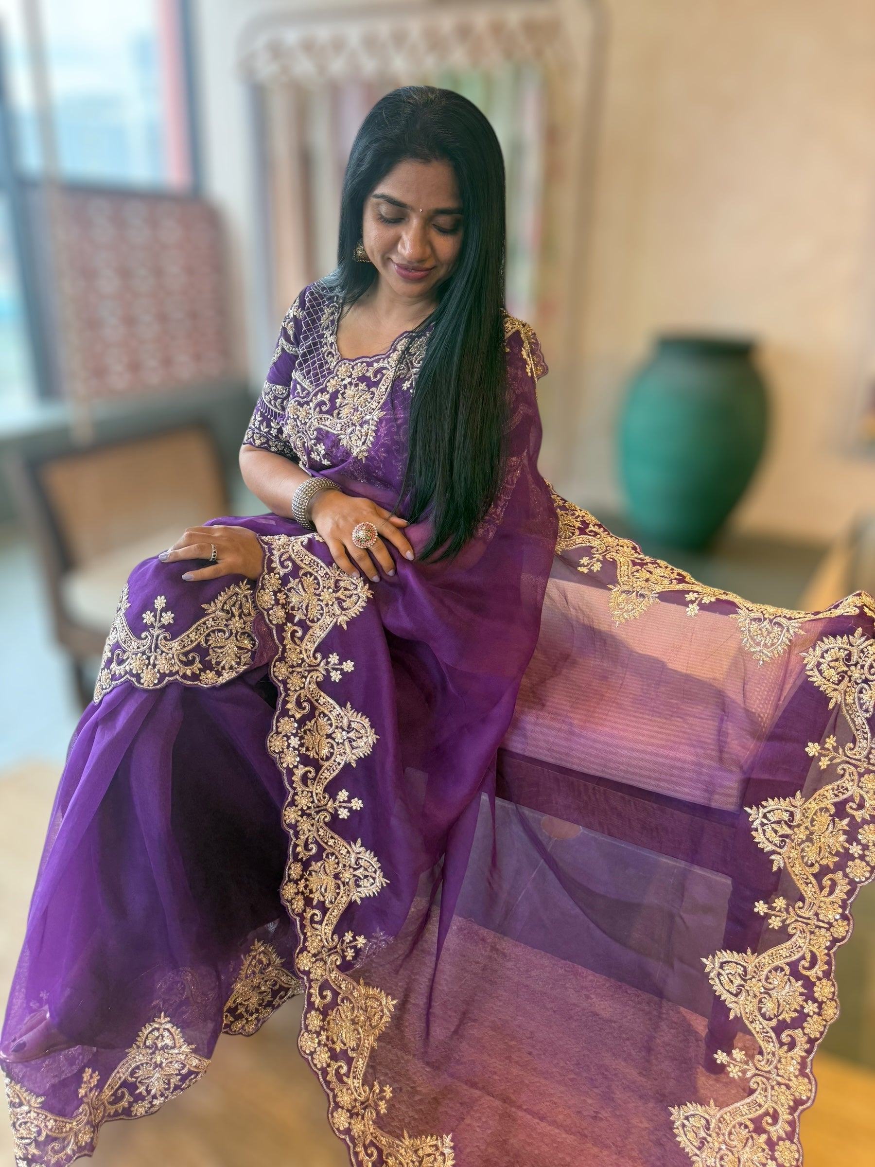 Purple Organza Heavy Handwork Saree