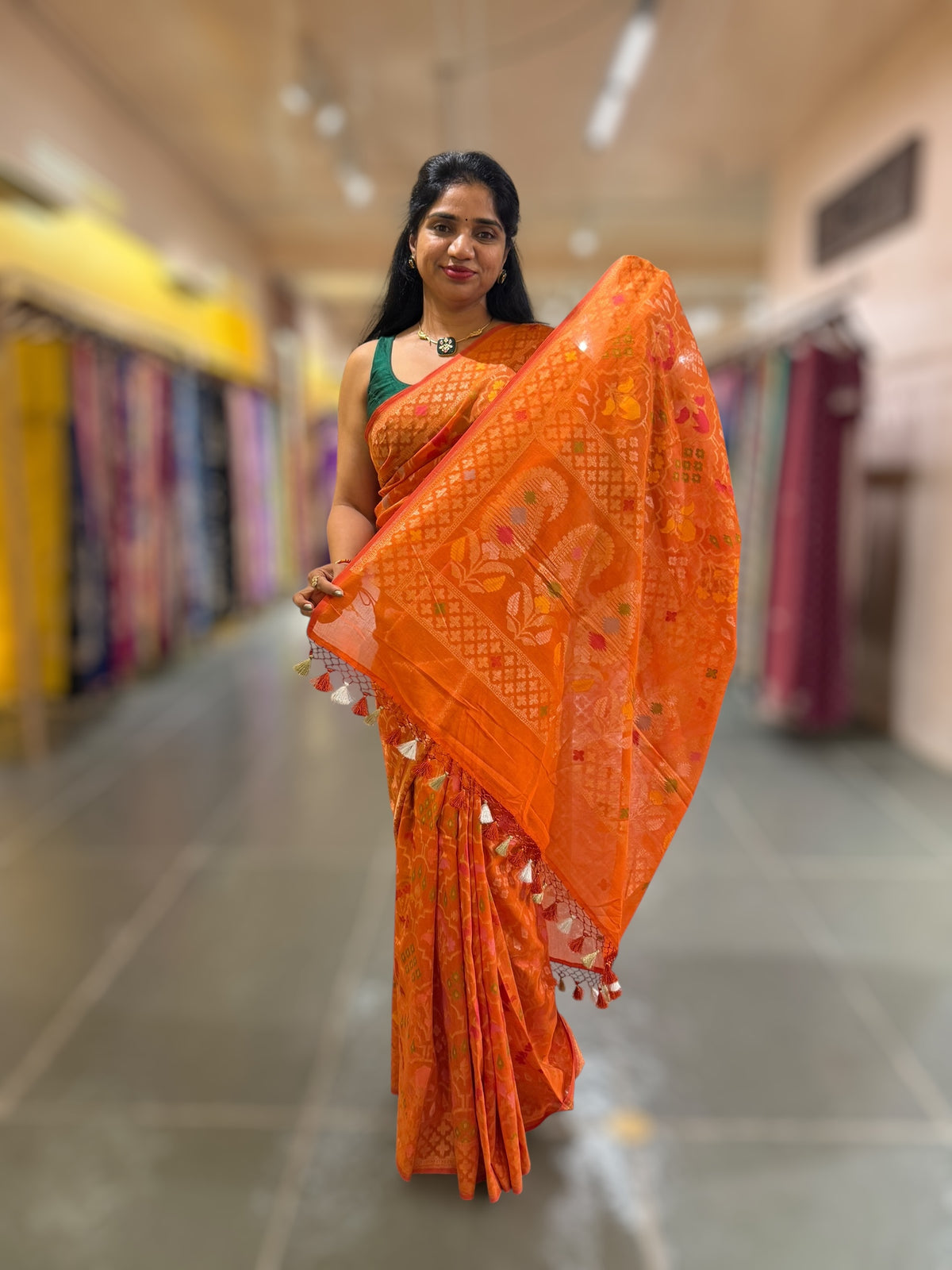 Orange Banarasi Cotton Jamdani Saree With Meenakari Weaving
