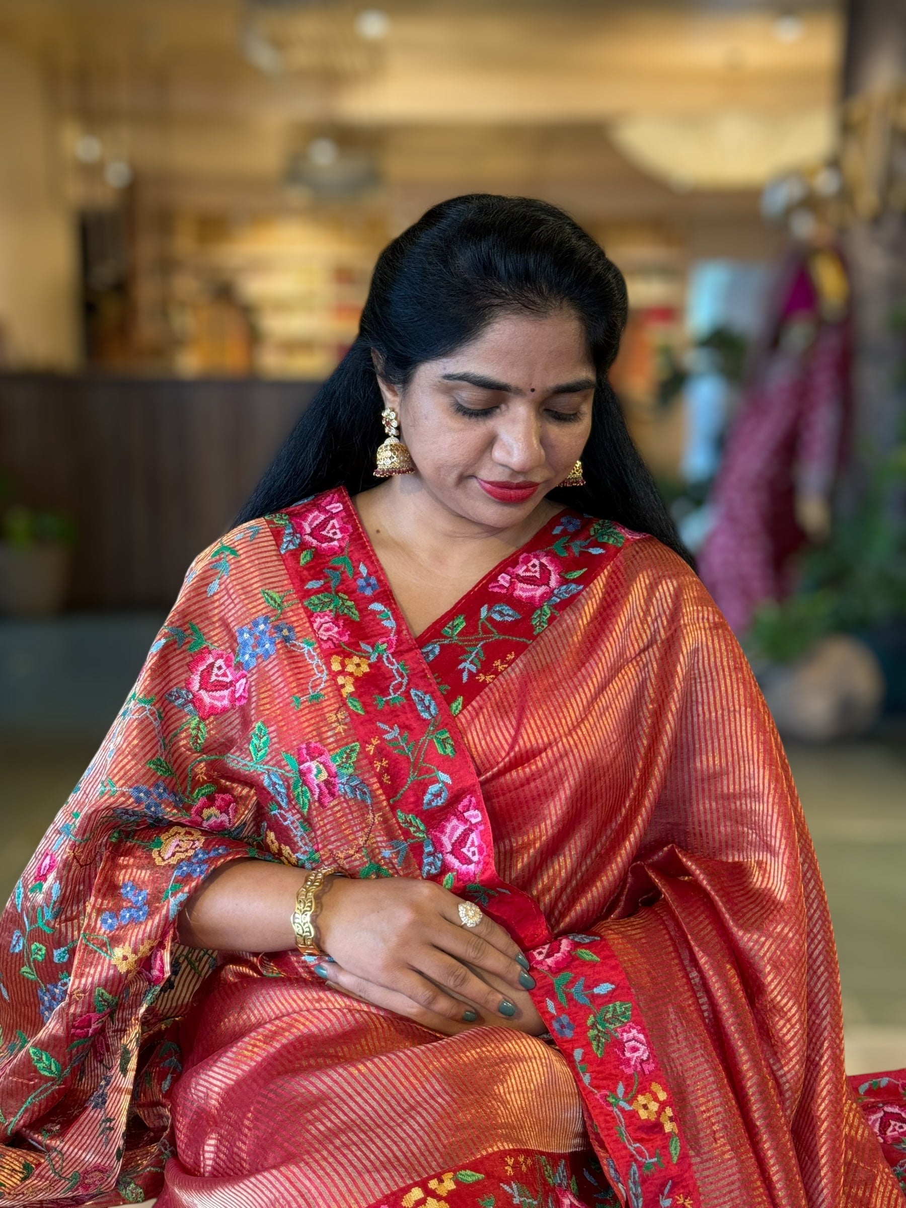 Red Kora Tissue Stripes Saree with Petite Point Embroidered Border Pallu & BP