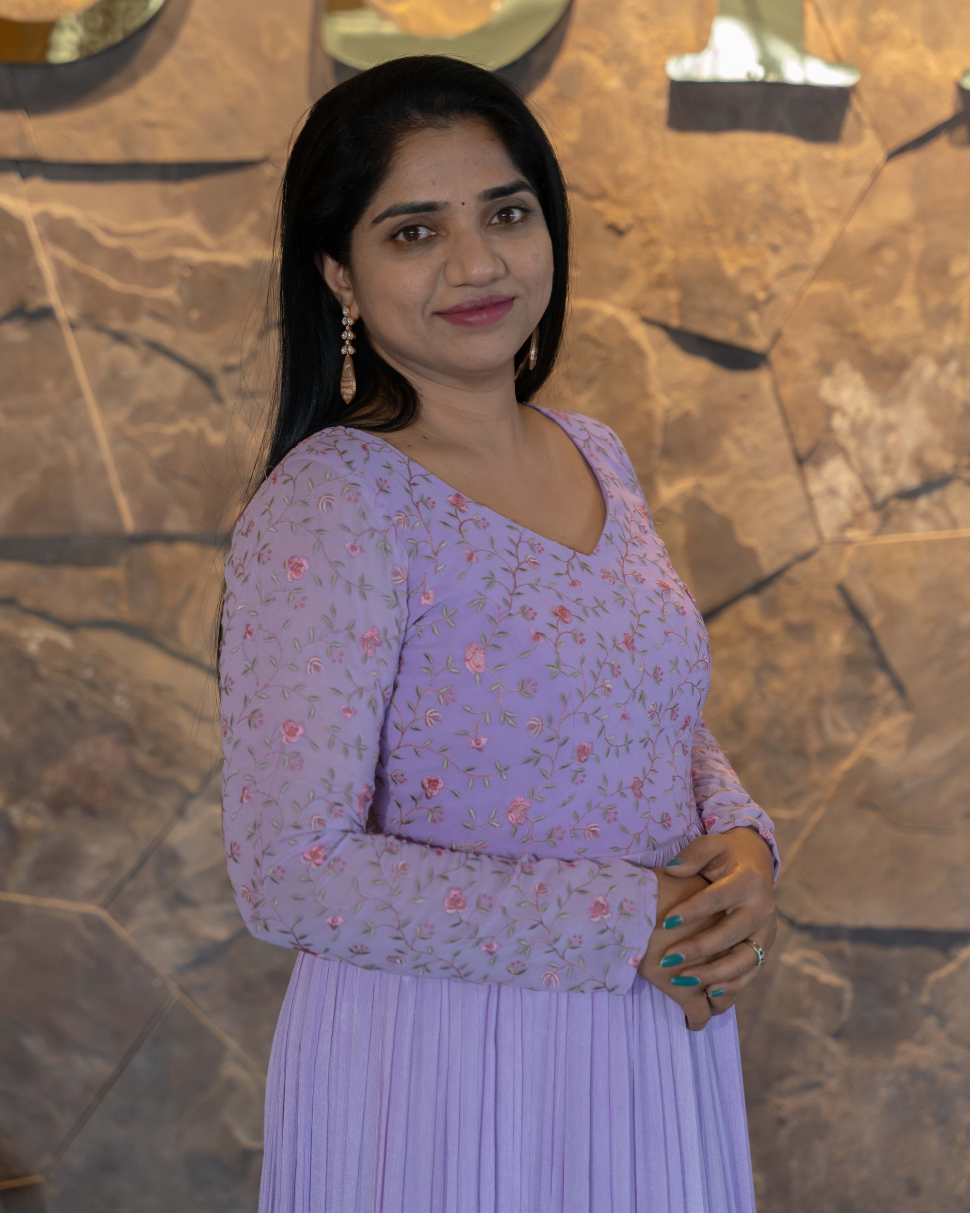 Pure chinnon long frock with embroidered yoke