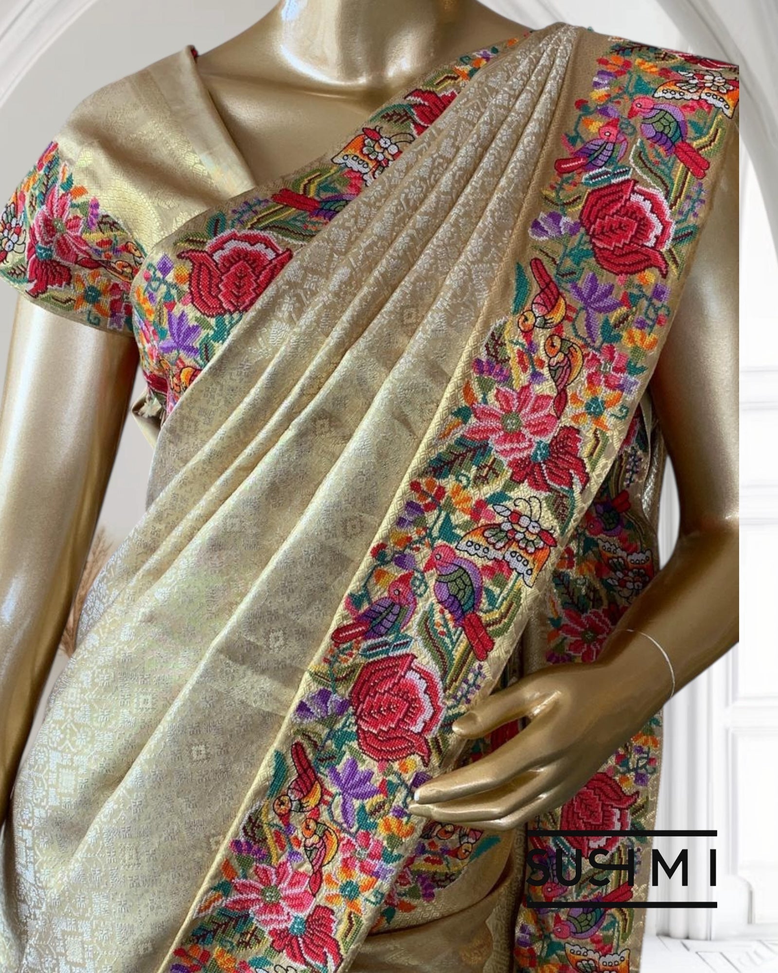 Pure Kanchi Tissue Brocade Saree with Petite Point Embroidery