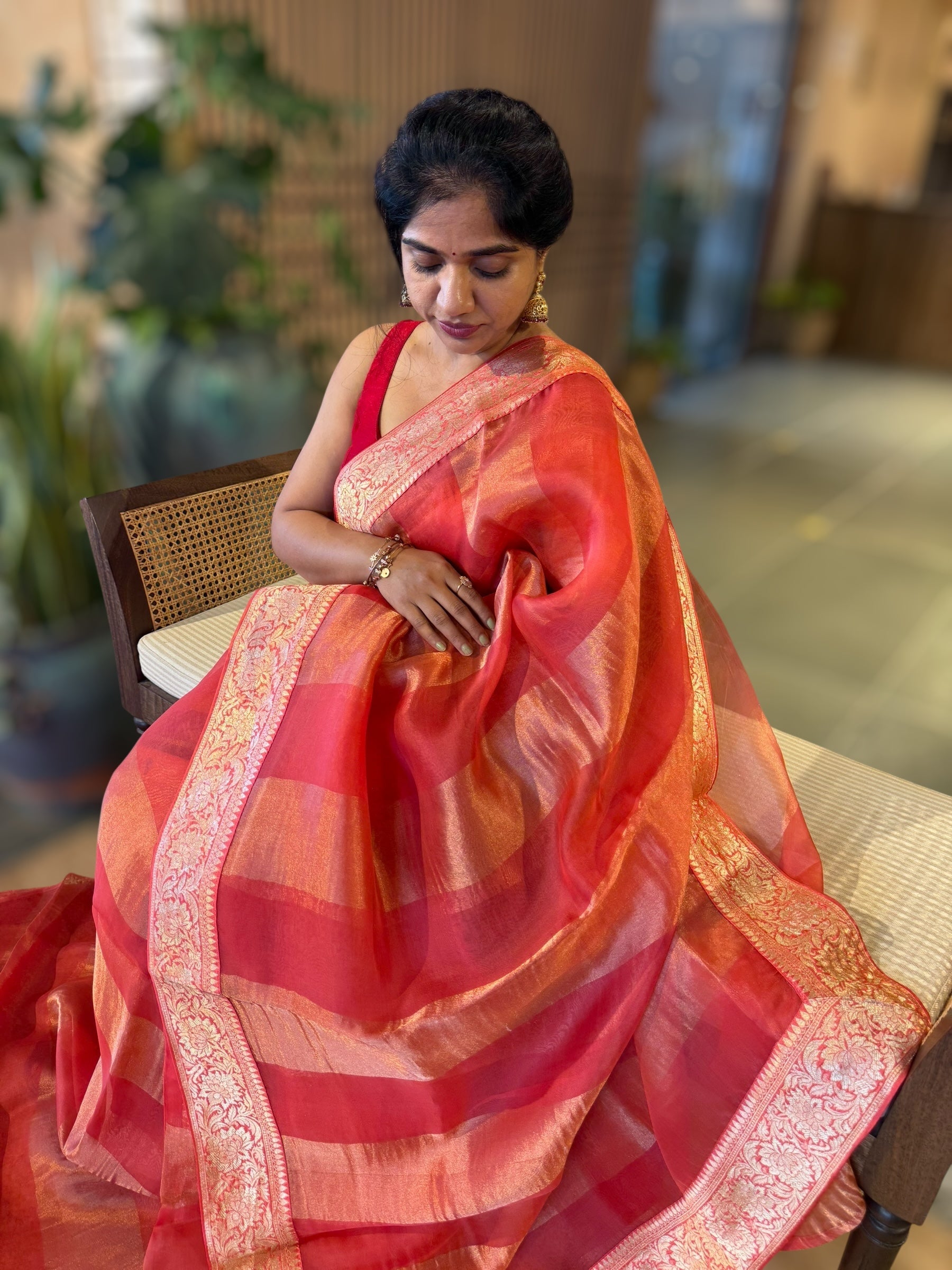 Koral Pink Banarasi Kora Tissue Stripes Saree With Banarasi Borders & Blouse