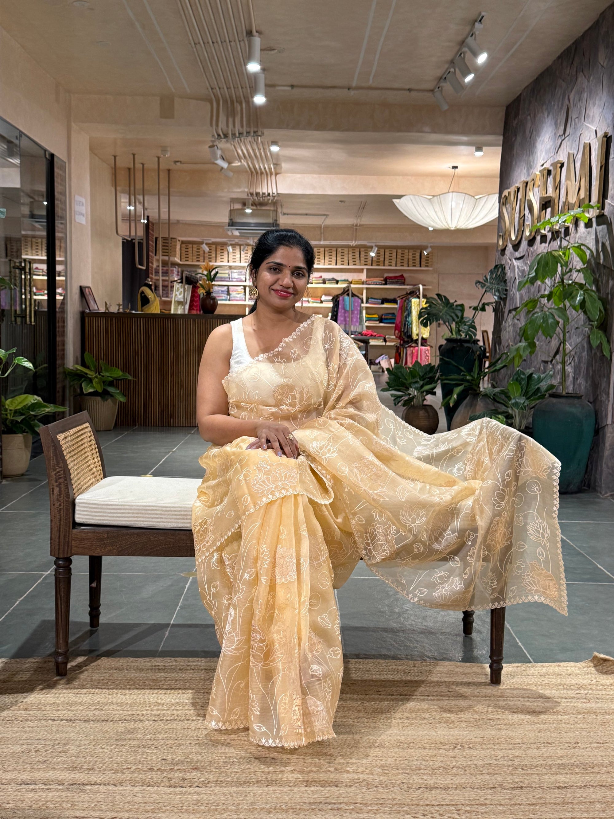 SOAA1604 : Light Peach Organza Saree with Allover Pichwai Applique Embroidery