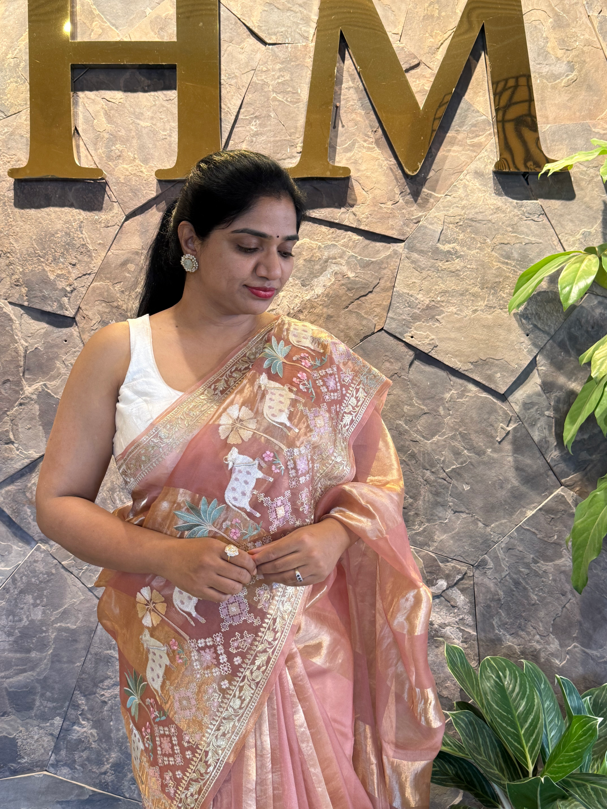Onion Pink Kora Tissue Stripes with Pichwai & Jamdani Inspired Embroidery