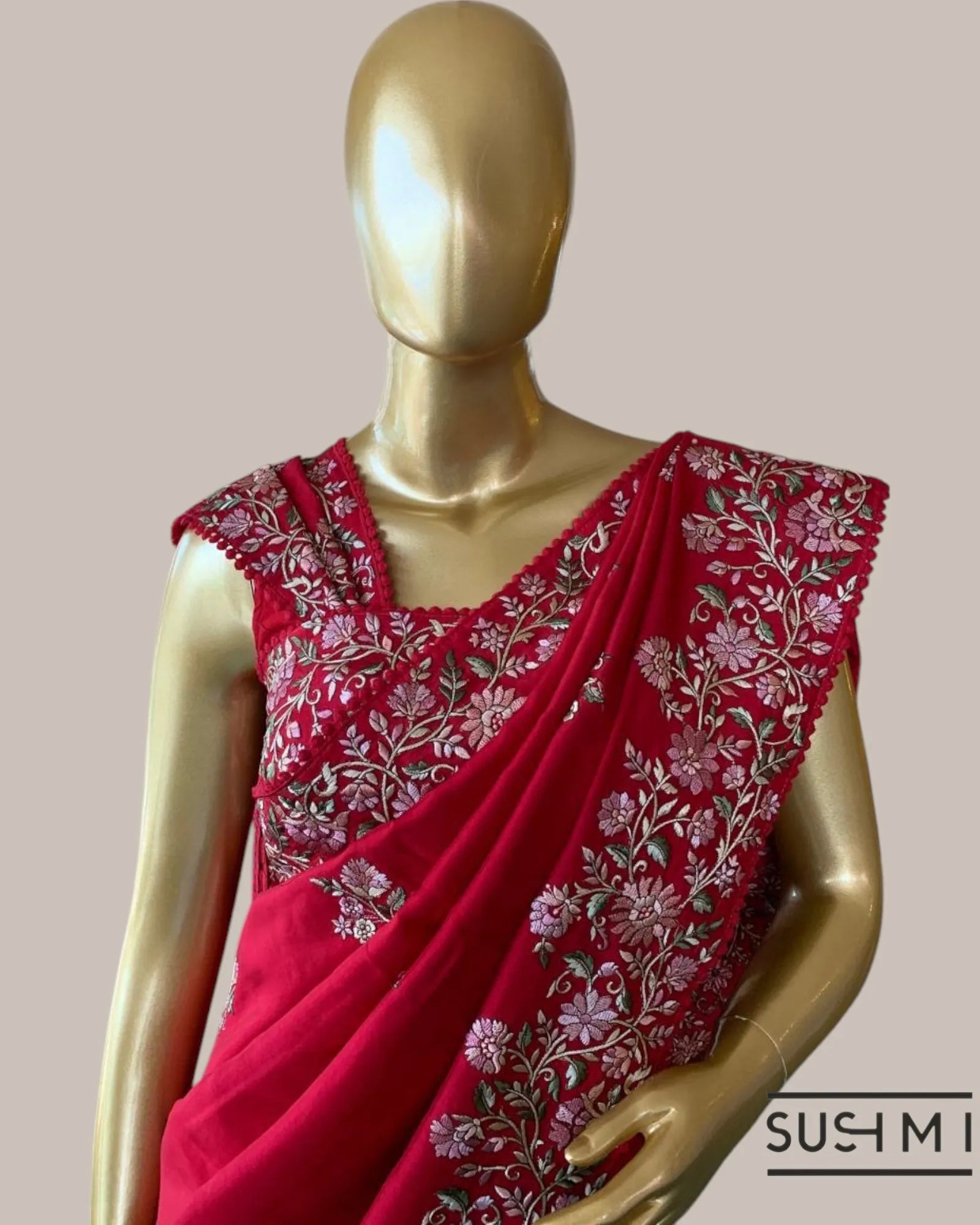 Ruby Red FallingTussar Saree with beautiful multi color embroidered border heml