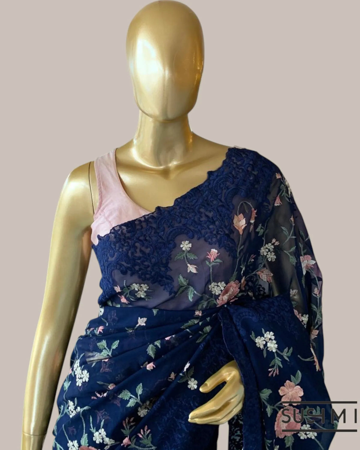 Midnight Blue Pure Gorgette Saree With Petite Point Style Allover Embroidery   O