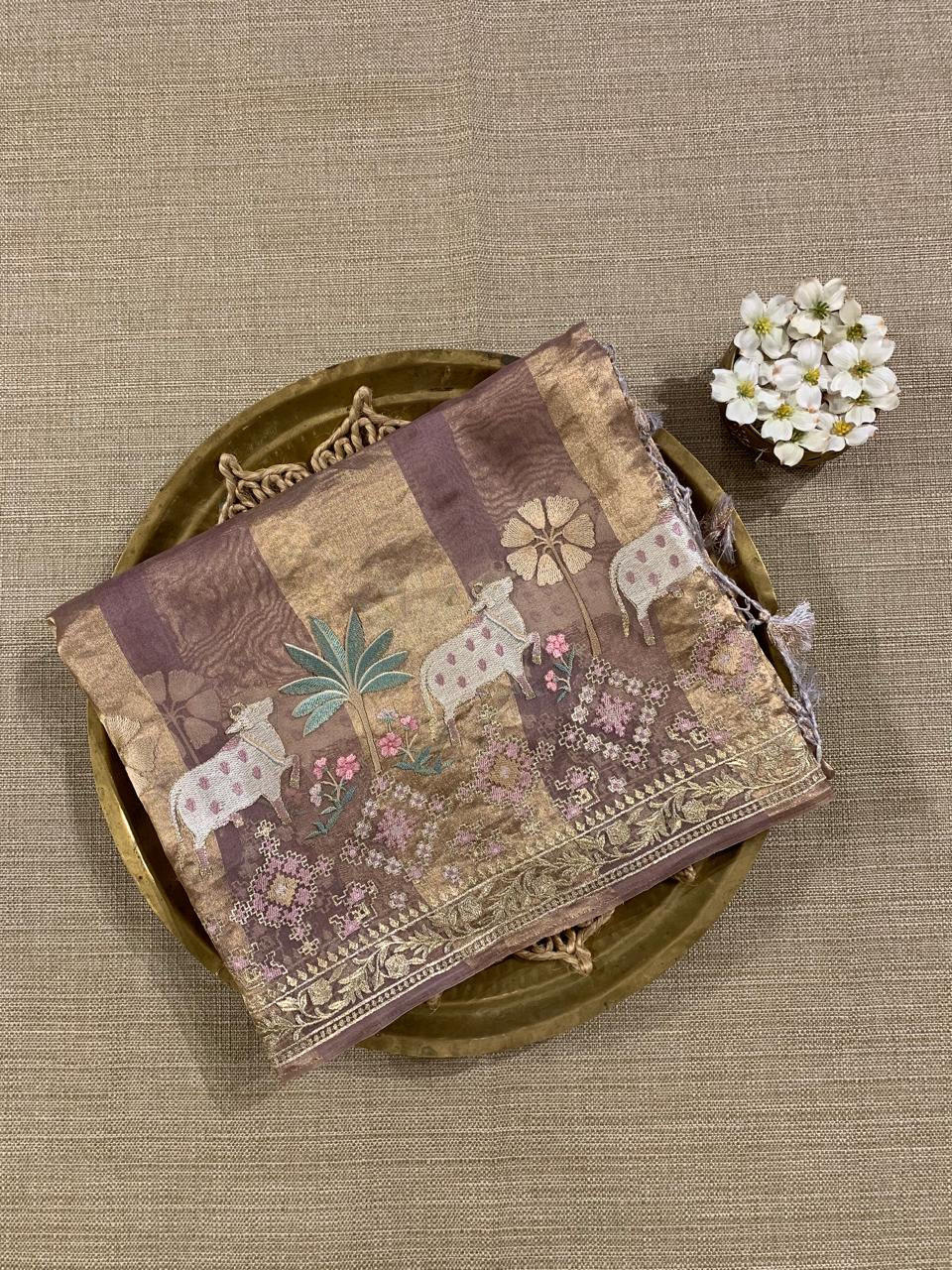 Kora Tissue Stripes with Pichwai & Jamdani Inspired Embroidery