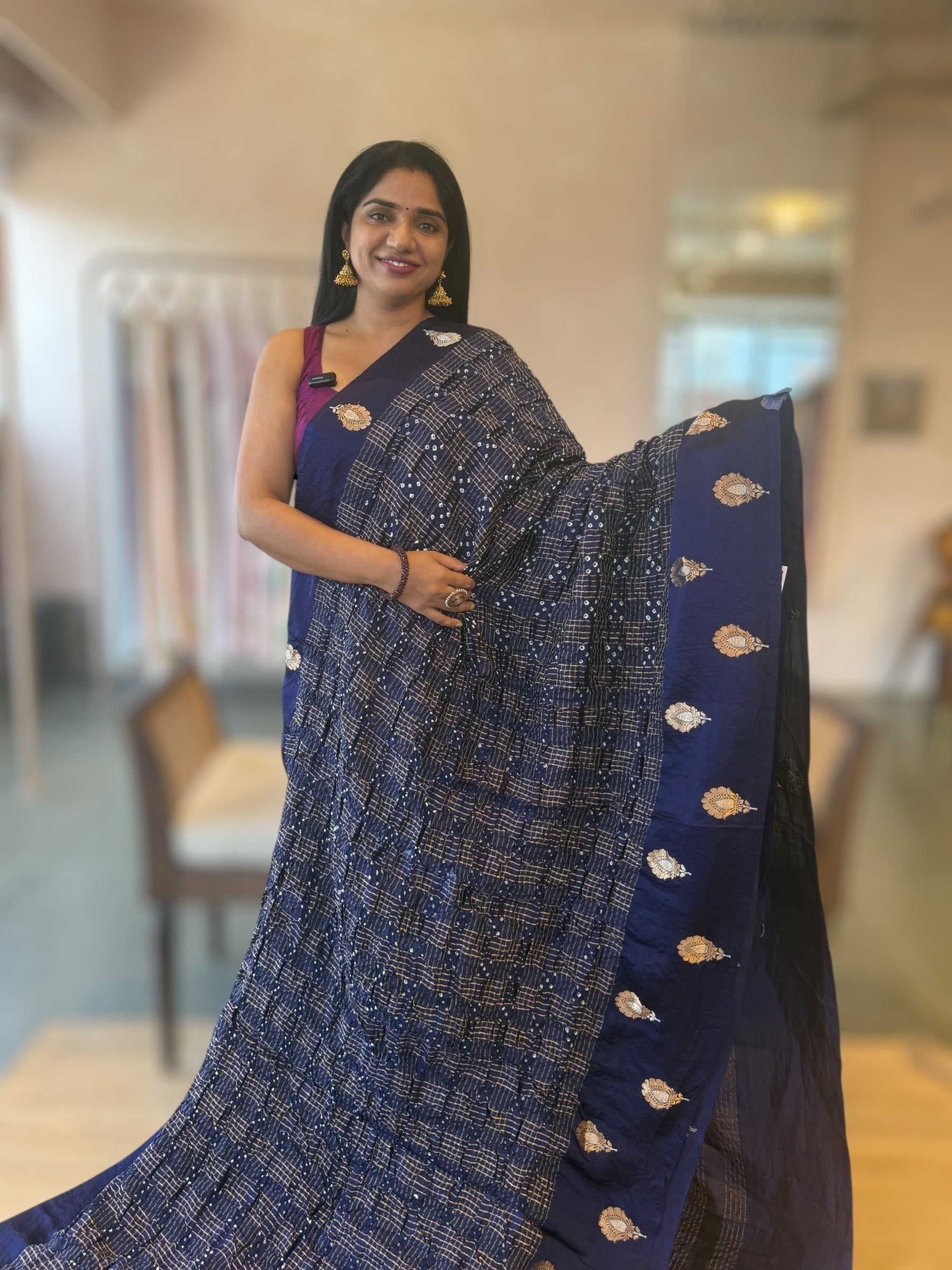 Midnight Blue Banarasi Bandhej Silk Saree With Kaduwa Woven Open Mashru Borders