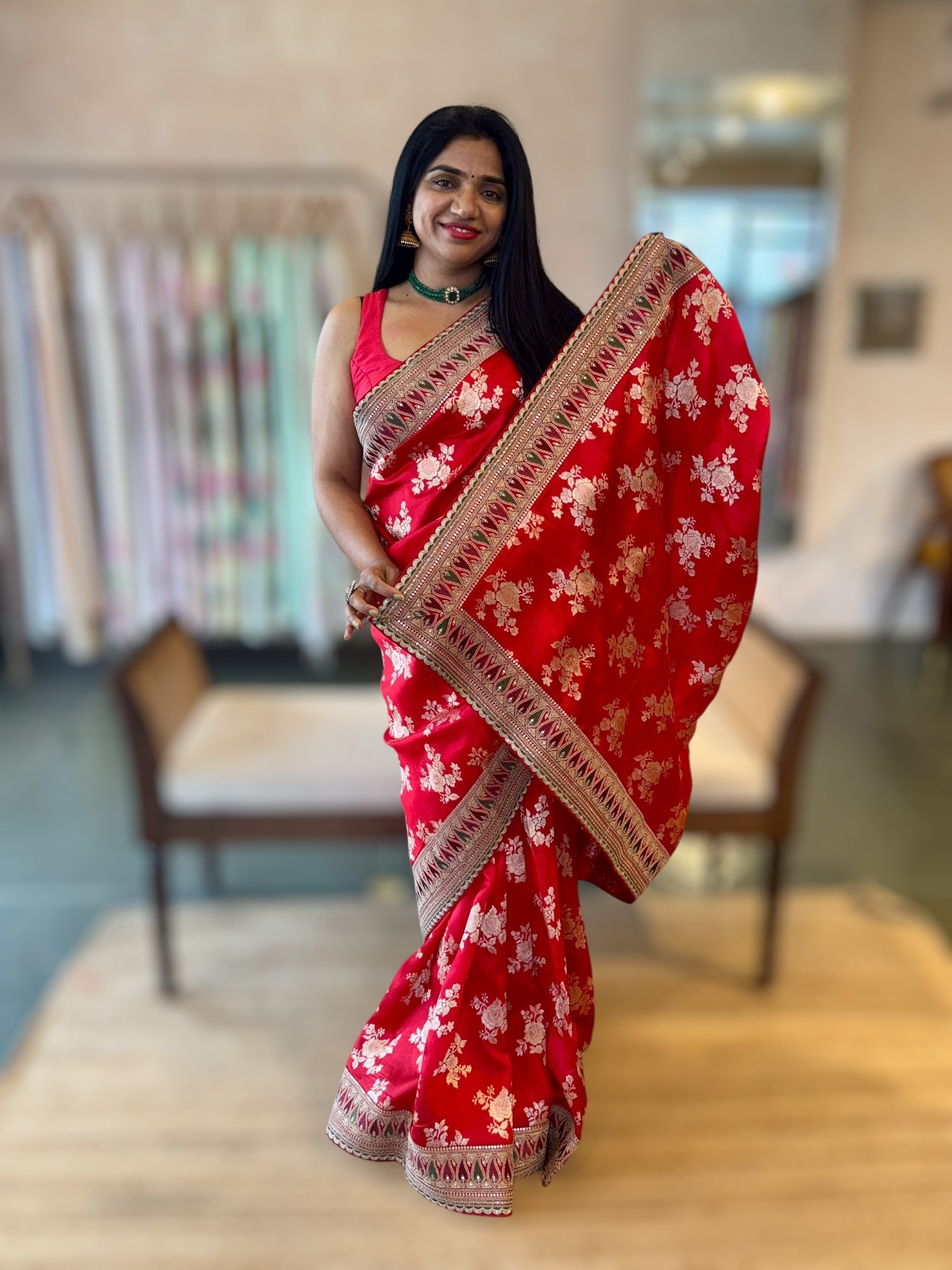 Chilli Red Banarasi Silk Saree With Sabhyasachi Borders