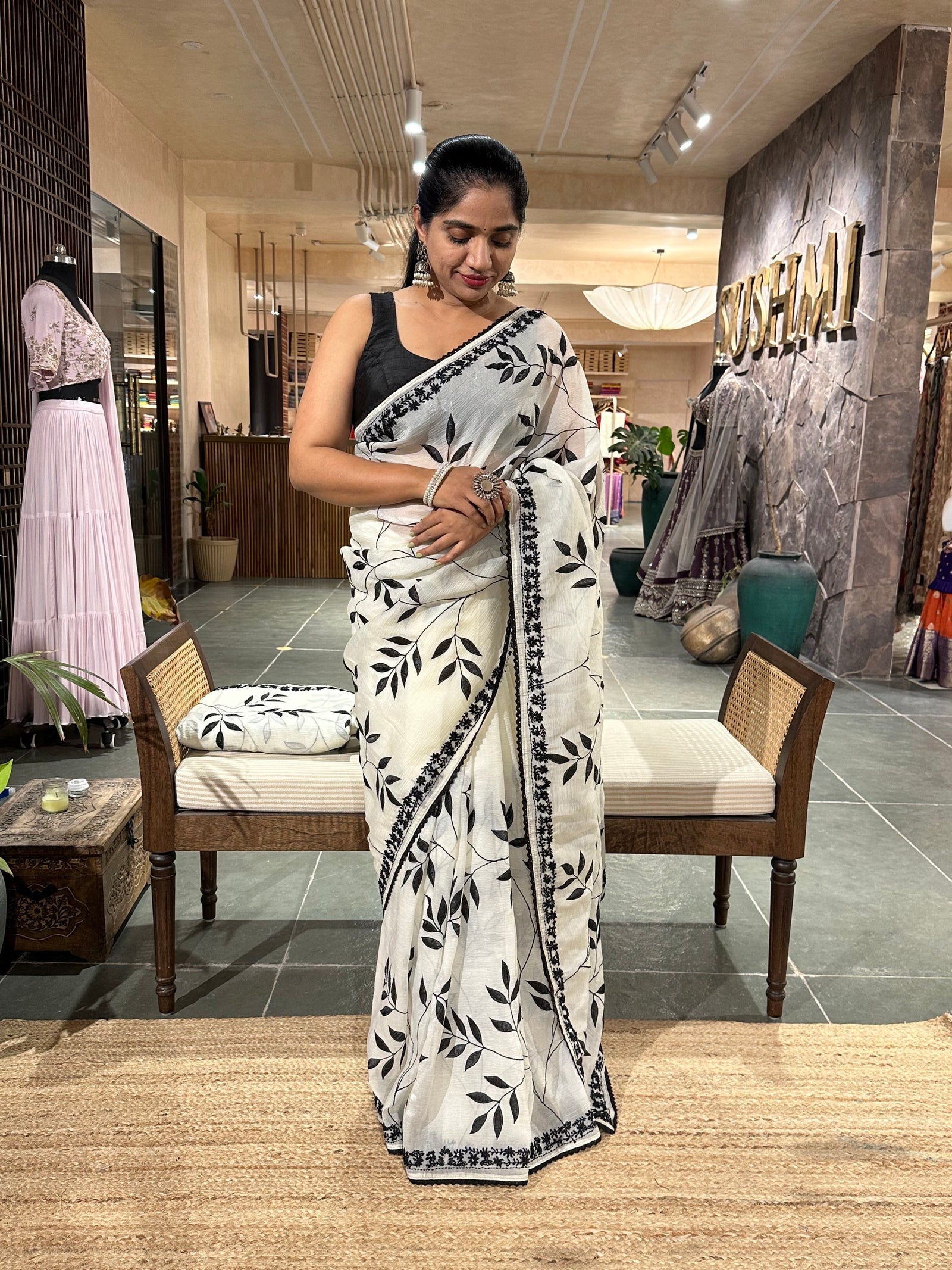 Half white crush Saree with allover applique work in leaf creeper pattern  and h