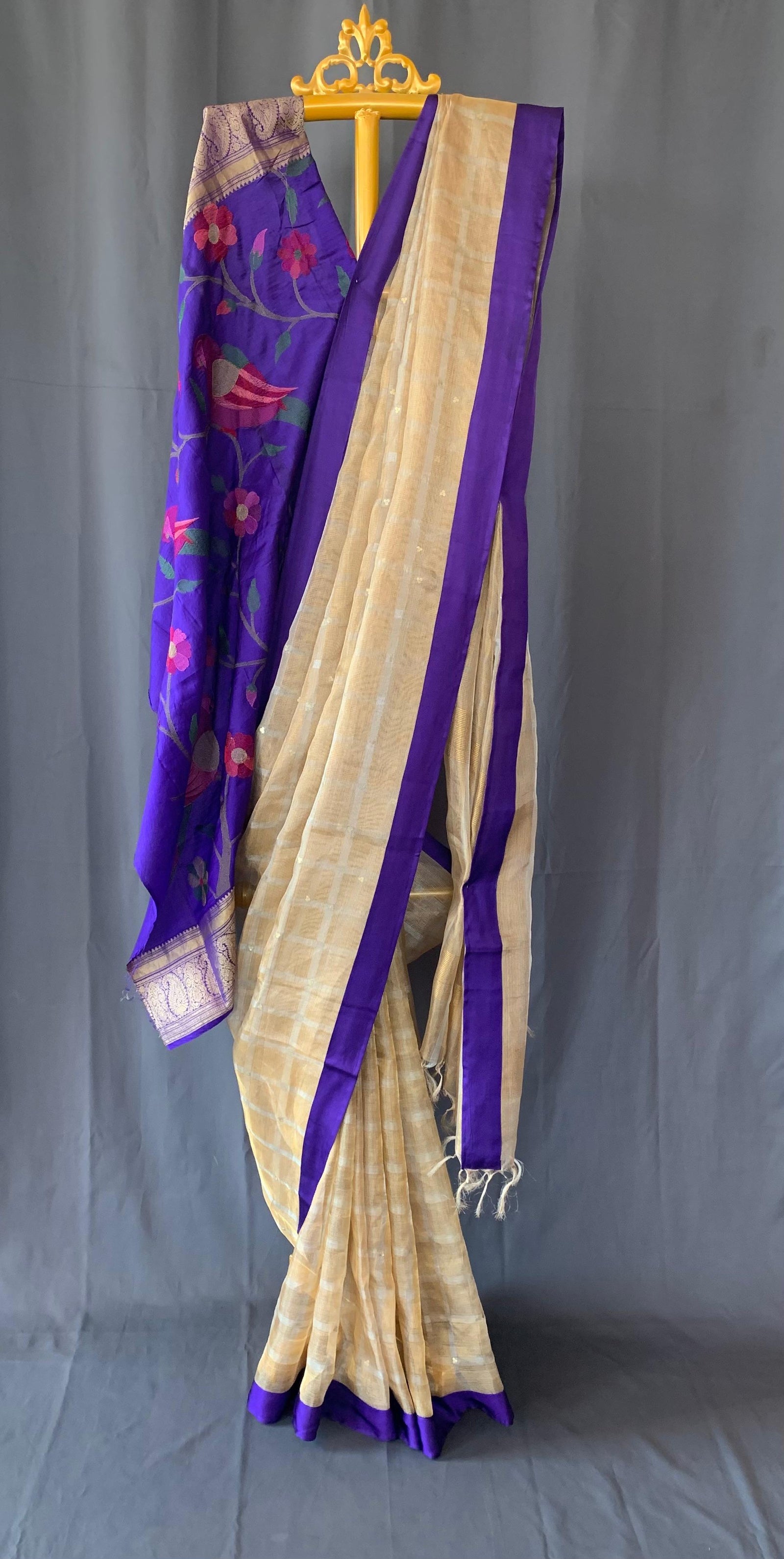 Designer Pure Handloom Gold tissue saree with kanchi petite point work blouse