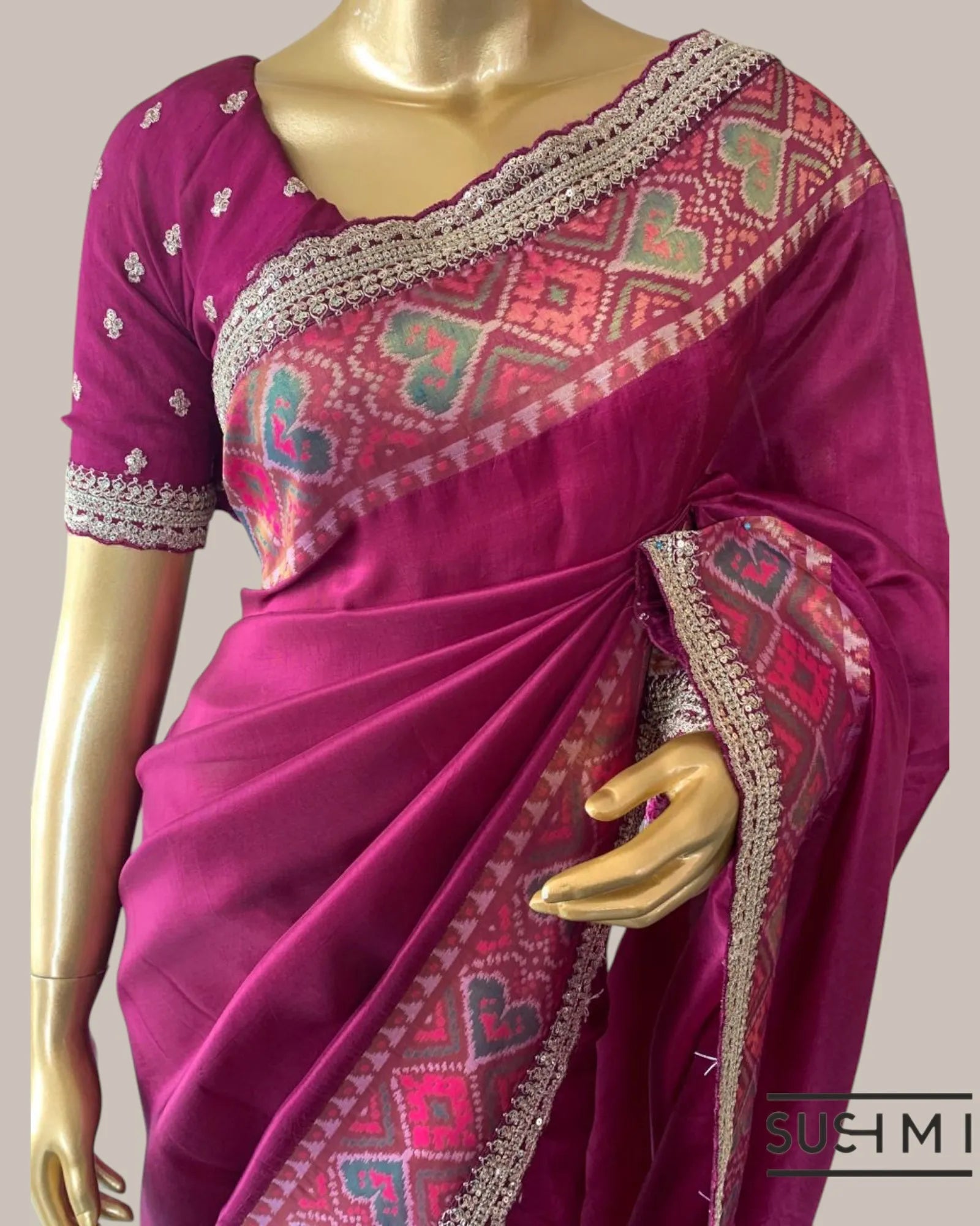 Beetroot Pink Tussar Silk Gorgette Saree in Ikkath Patola style Chevron body and