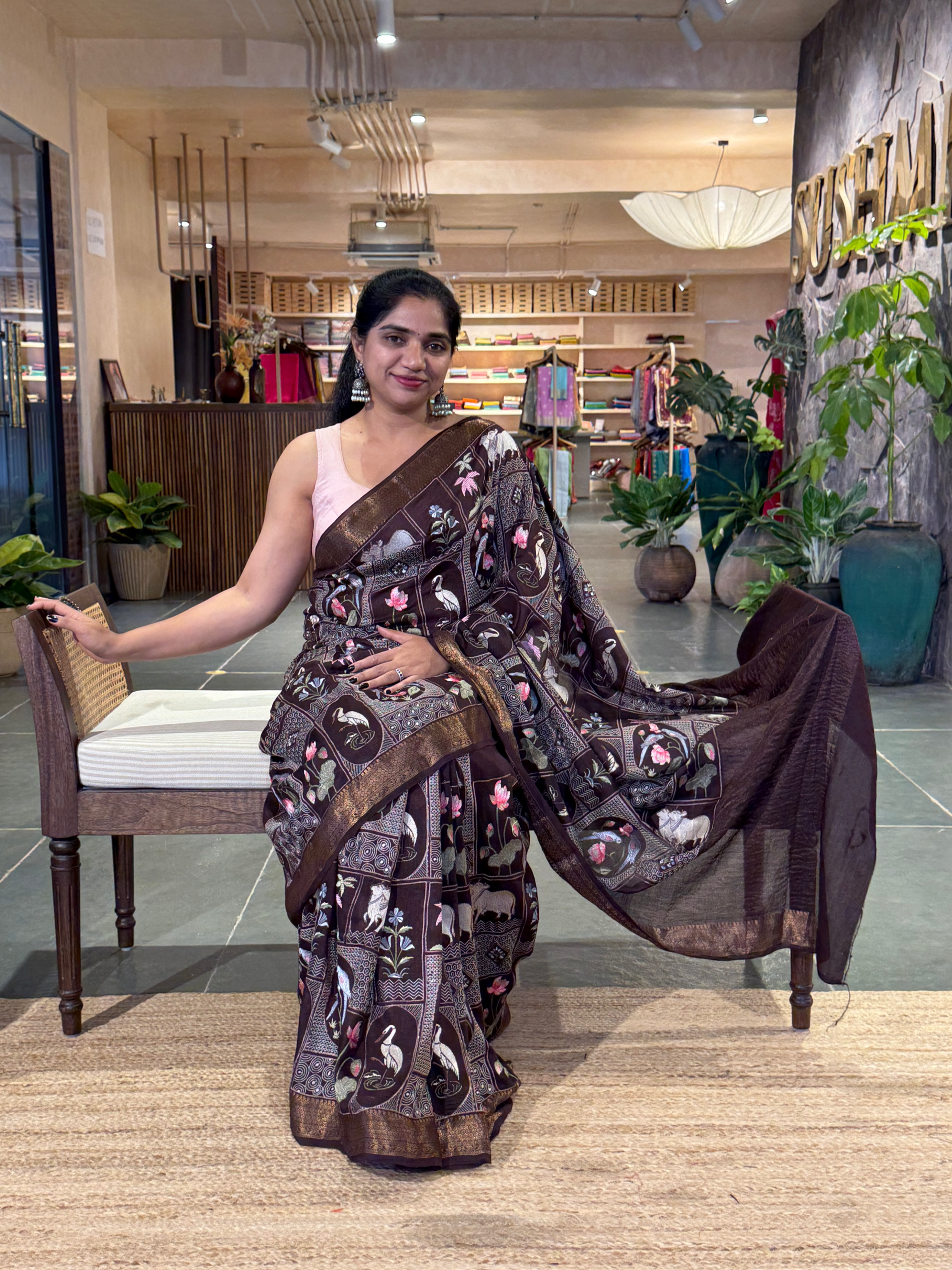 SMSEA106 :  Coffee Brown Pure Handloom Munga Silk Saree with Pichwai Embroidery