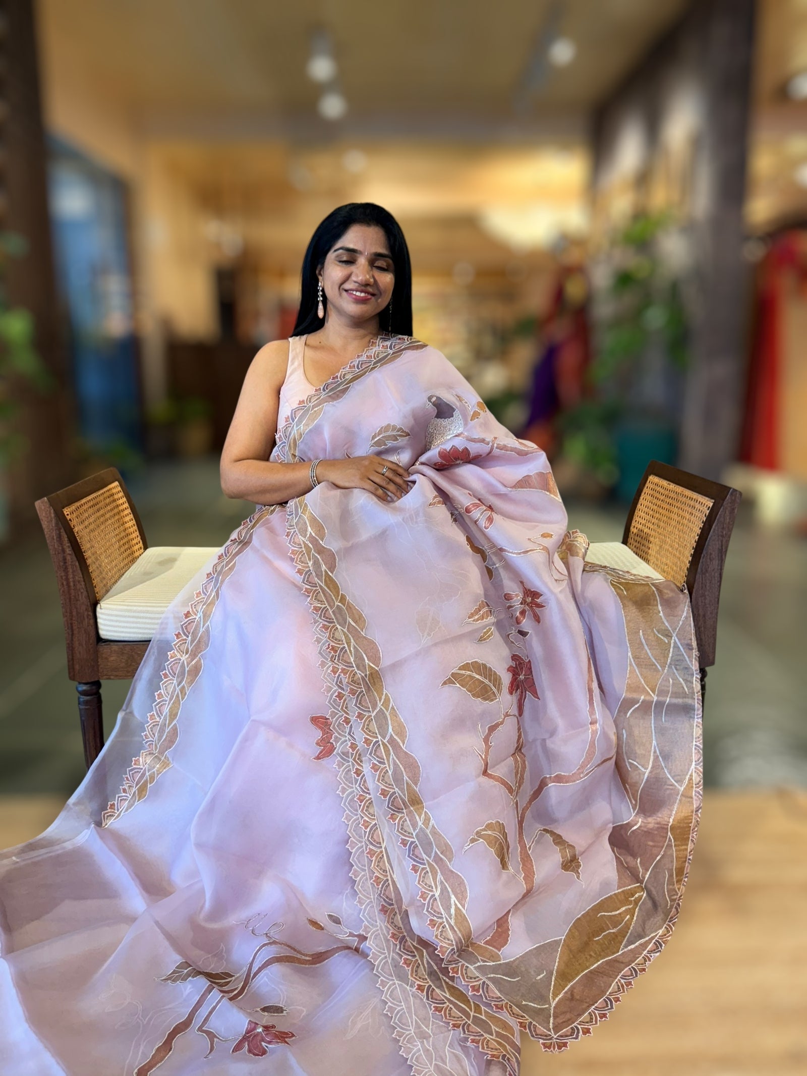 Lilac Pink Pure Organza Saree with one of a kind Tissue Applique work allover