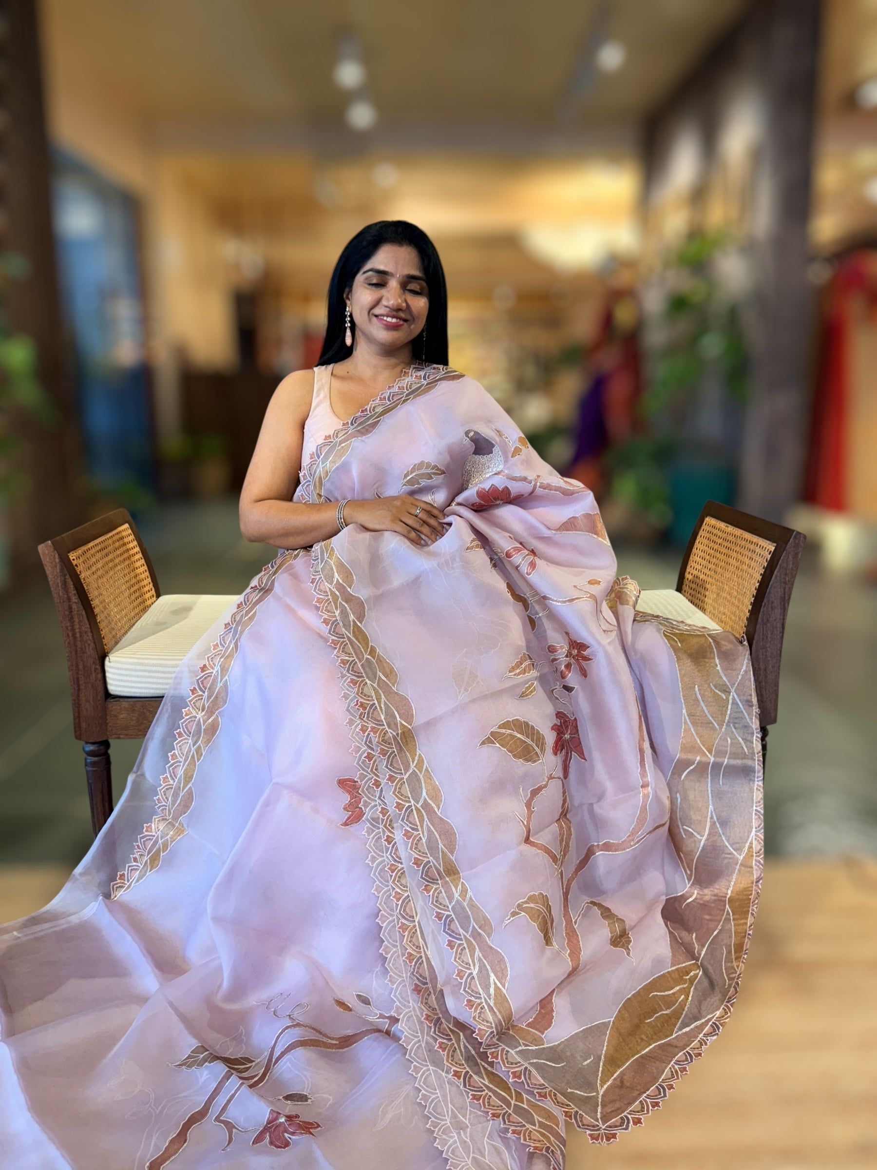 Lilac Pink Pure Organza Saree with one of a kind Tissue Applique work allover