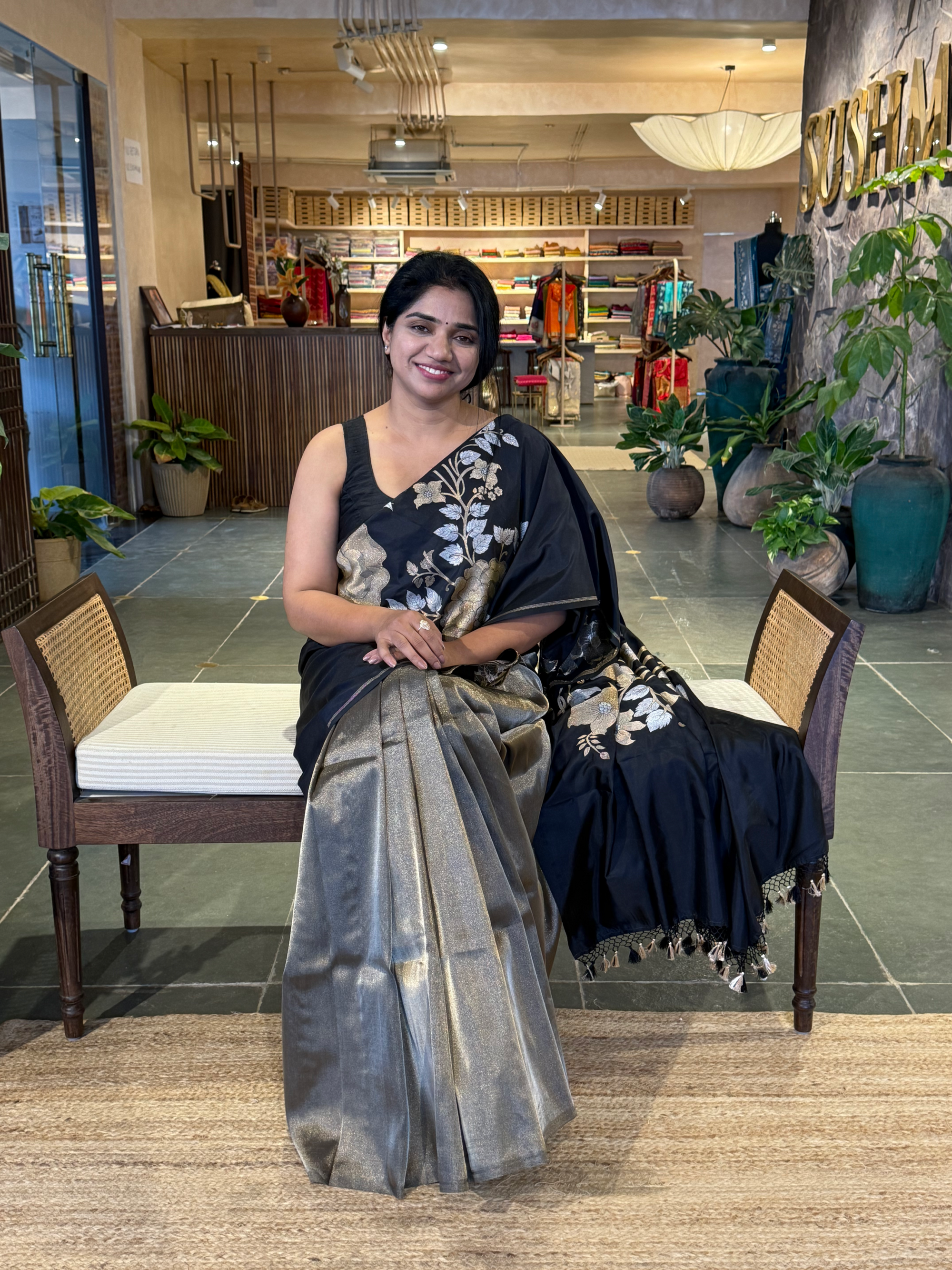 Black and Antique Gold Designer Banarasi Silk Saree